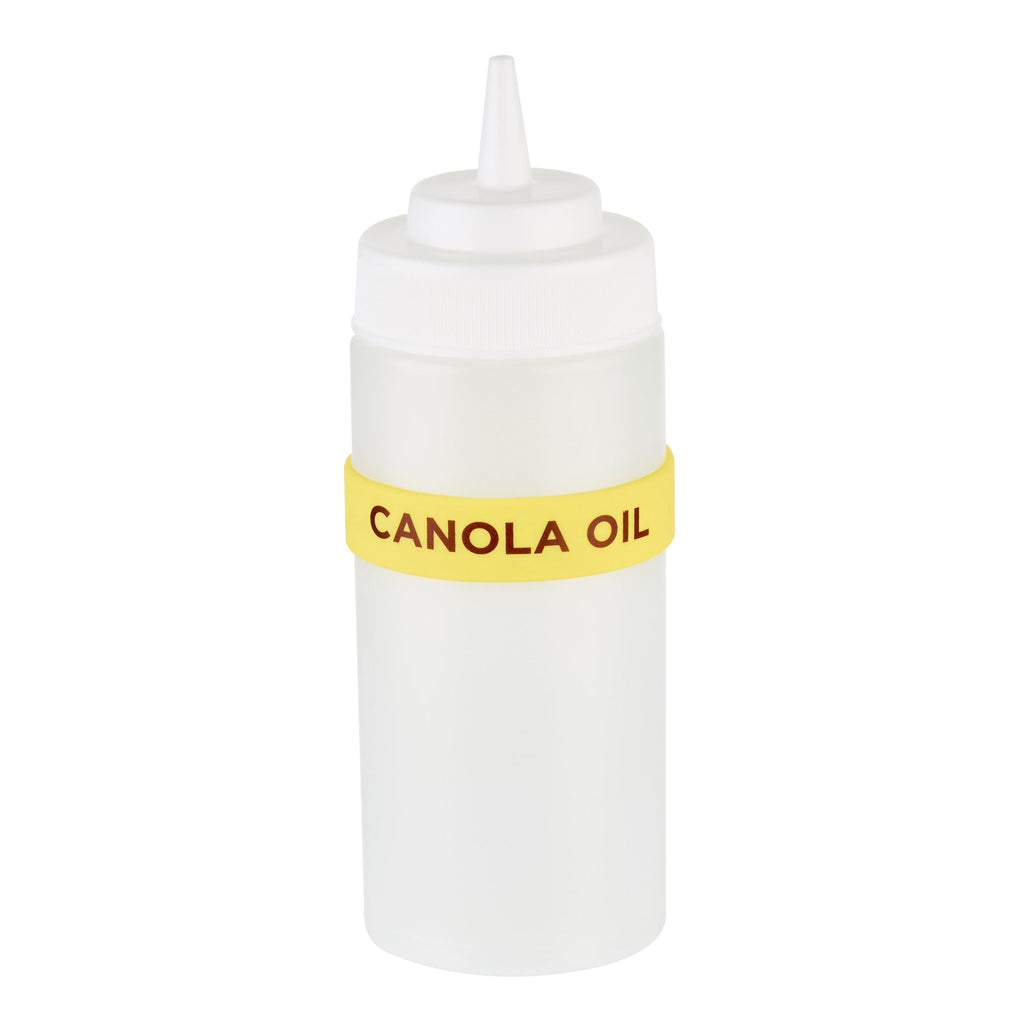 First In First Out Yellow Silicone Canola Oil Label Band - Fits 16, 20 and 24 oz Squeeze Bottles - 10 count box