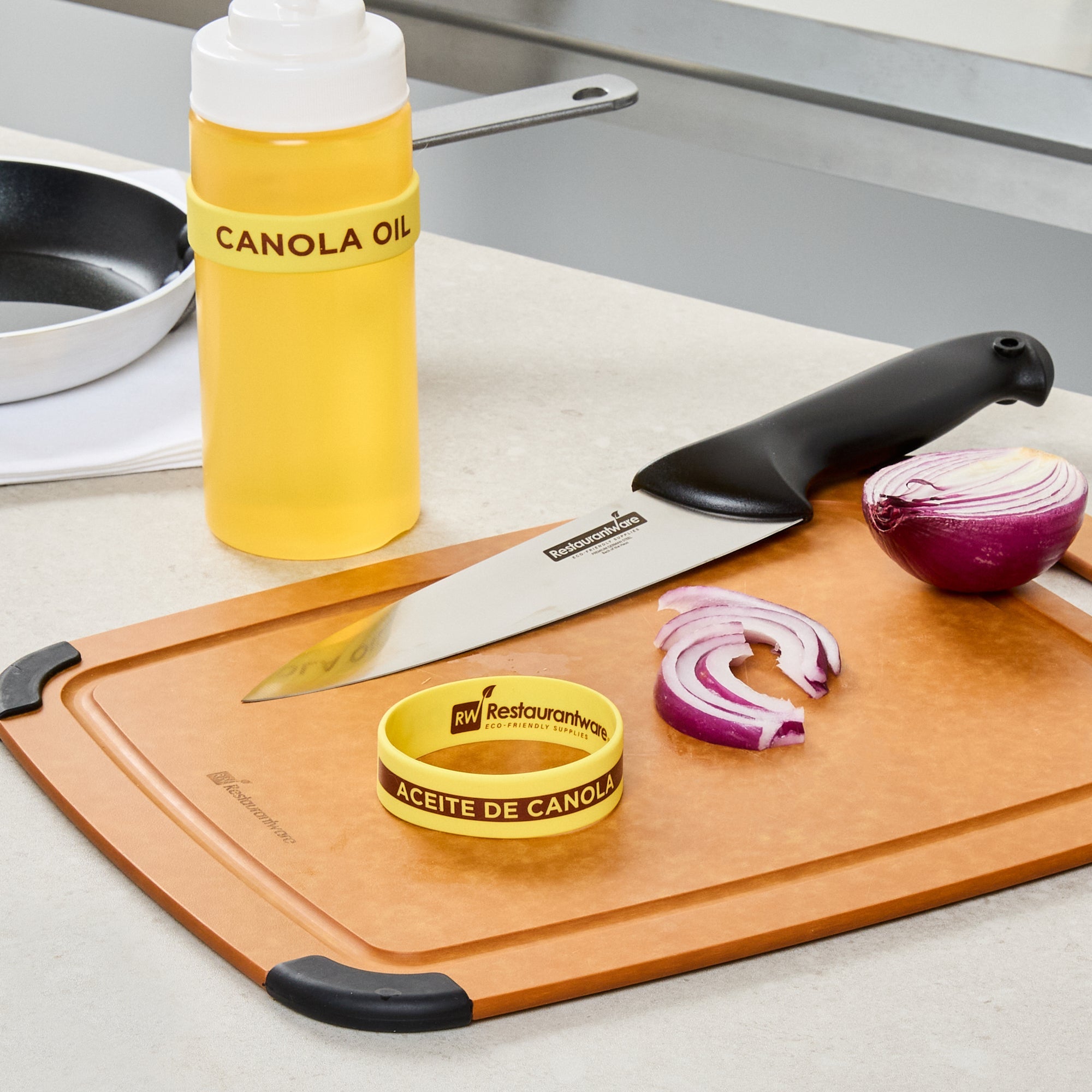 First In First Out Yellow Silicone Canola Oil Label Band - Fits 16, 20 and 24 oz Squeeze Bottles - 10 count box