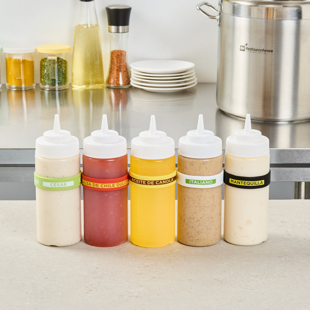 First In First Out Yellow Silicone Canola Oil Label Band - Fits 16, 20 and 24 oz Squeeze Bottles - 10 count box
