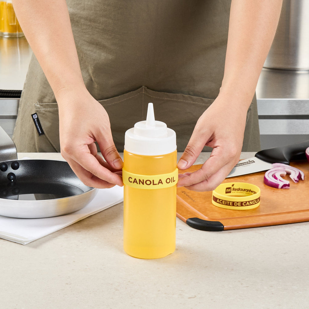 First In First Out Yellow Silicone Canola Oil Label Band - Fits 16, 20 and 24 oz Squeeze Bottles - 10 count box
