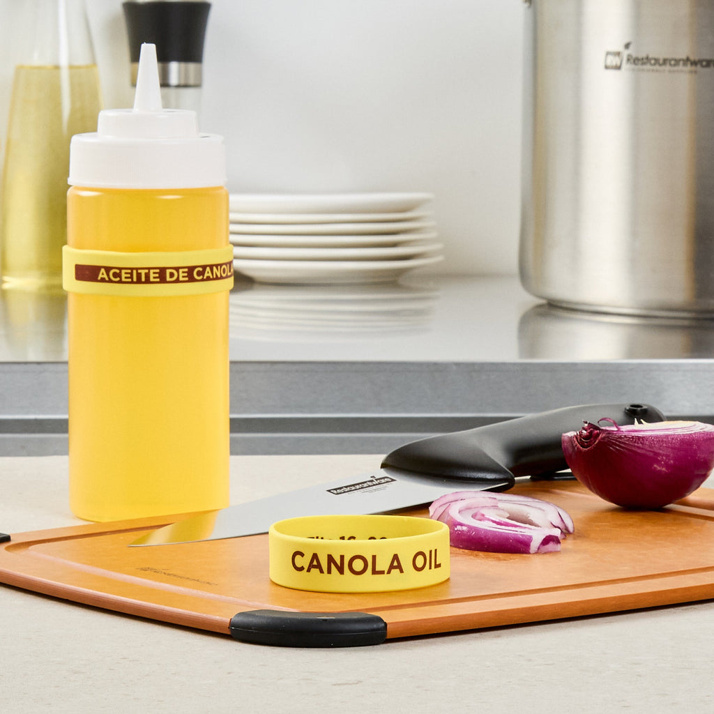First In First Out Yellow Silicone Canola Oil Label Band - Fits 16, 20 and 24 oz Squeeze Bottles - 10 count box