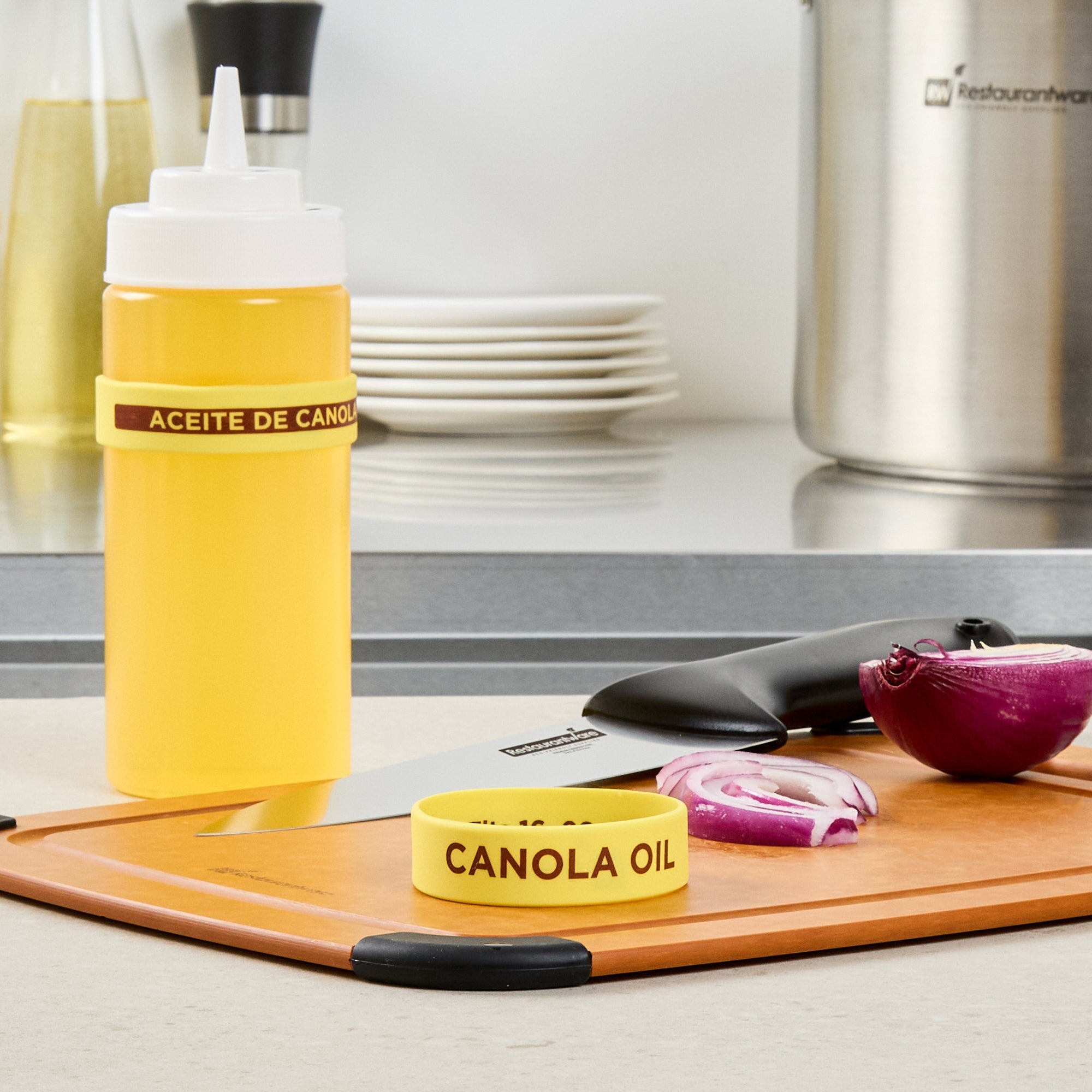 First In First Out Yellow Silicone Canola Oil Label Band - Fits 16, 20 and 24 oz Squeeze Bottles - 10 count box