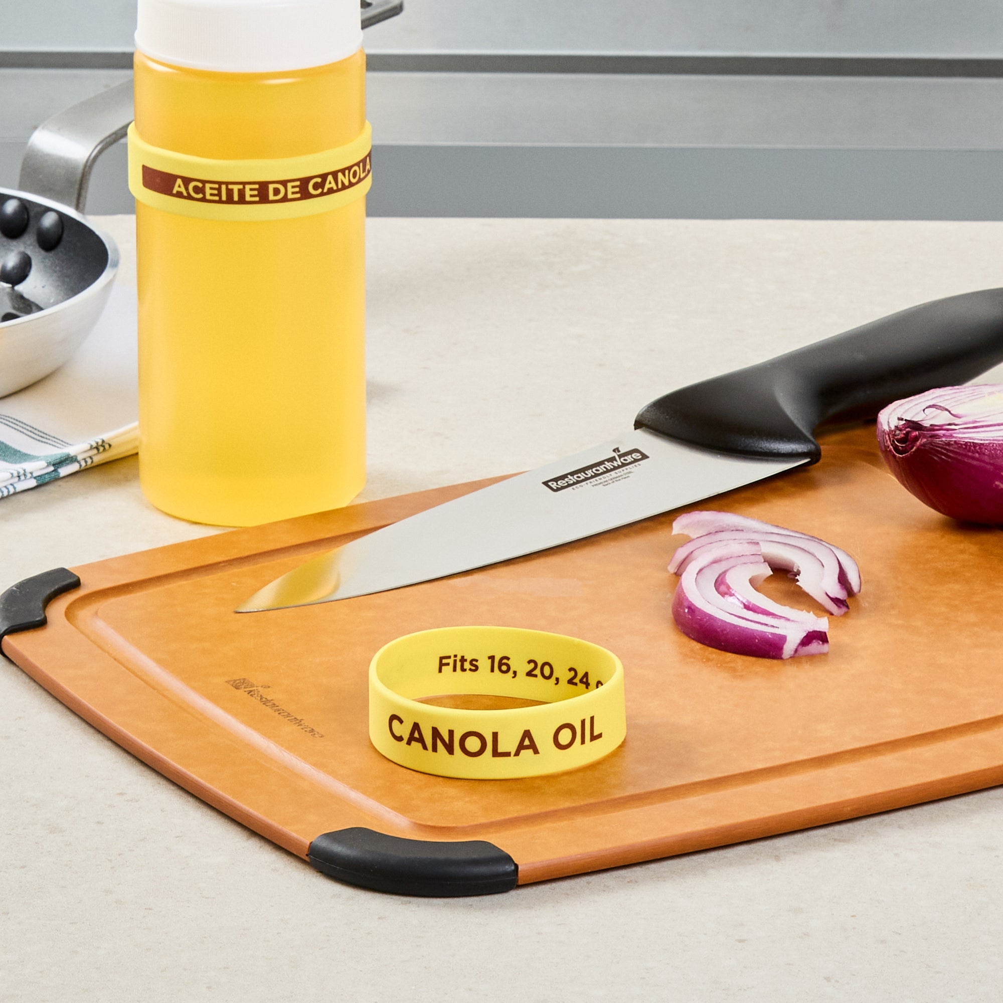 First In First Out Yellow Silicone Canola Oil Label Band - Fits 16, 20 and 24 oz Squeeze Bottles - 10 count box