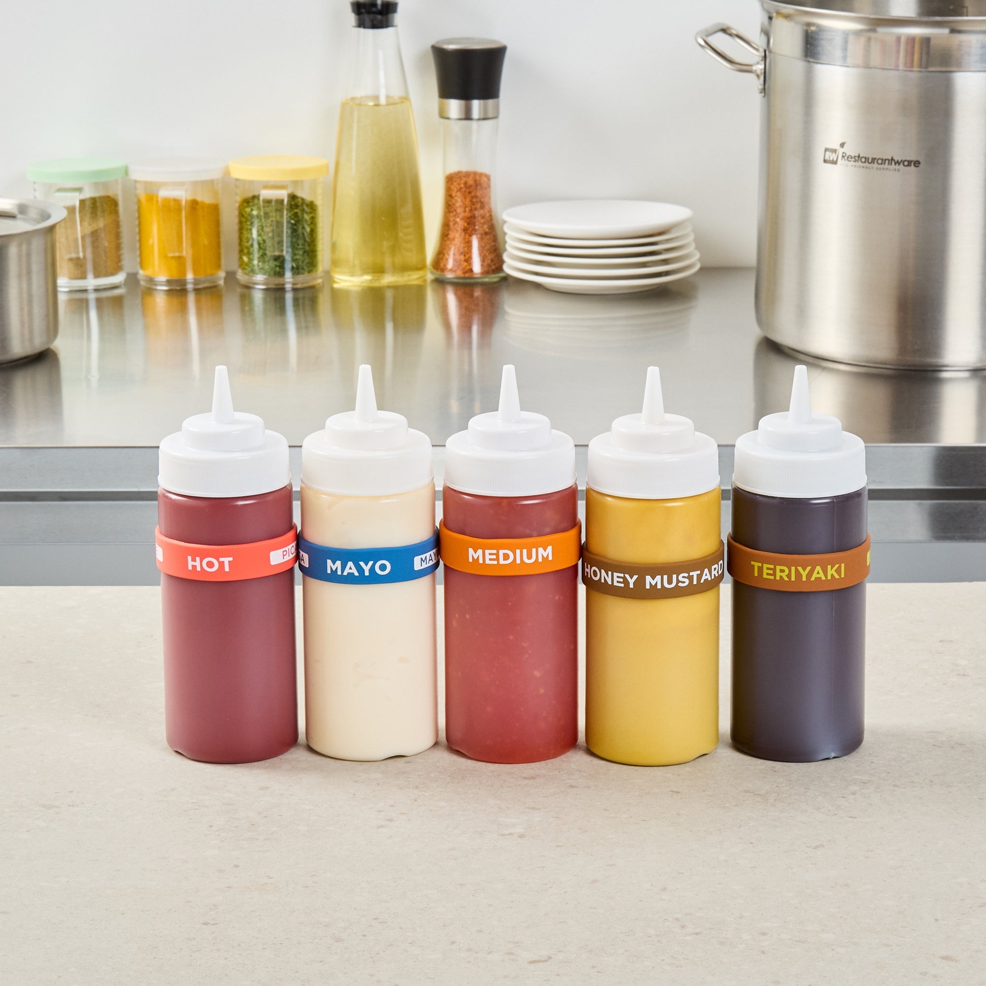 First In First Out Orange Silicone Medium Label Band - Fits 16, 20 and 24 oz Squeeze Bottles - 10 count box