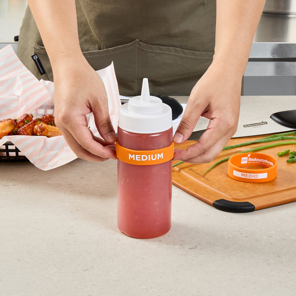 First In First Out Orange Silicone Medium Label Band - Fits 16, 20 and 24 oz Squeeze Bottles - 10 count box