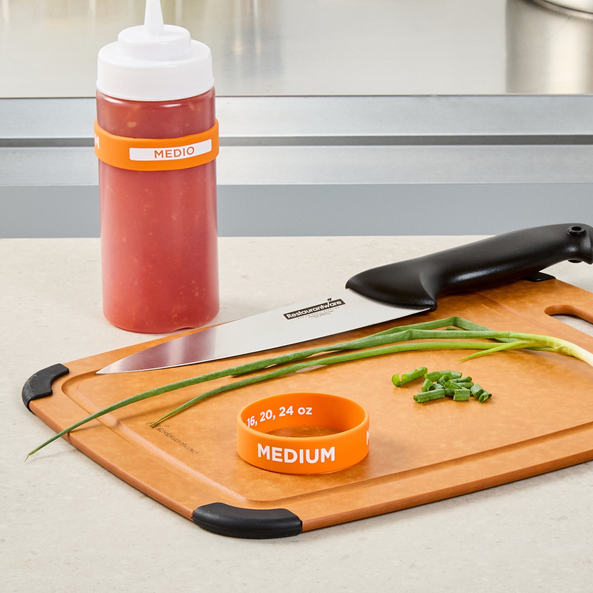 First In First Out Orange Silicone Medium Label Band - Fits 16, 20 and 24 oz Squeeze Bottles - 10 count box