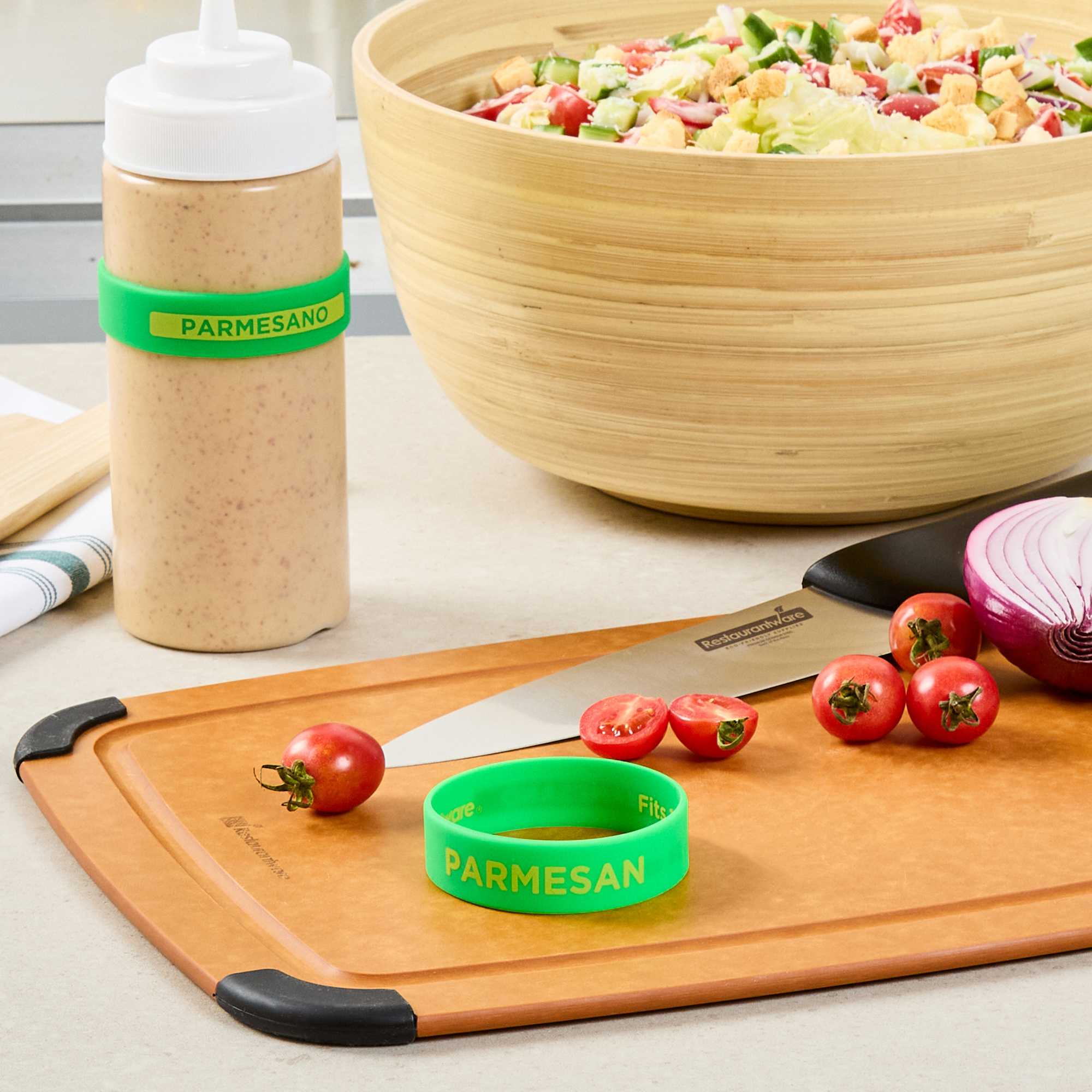 First In First Out Green Silicone Parmesan Label Band - Fits 16, 20 and 24 oz Squeeze Bottles - 1 count box