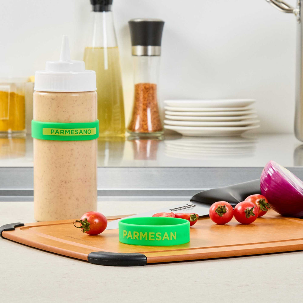 First In First Out Green Silicone Parmesan Label Band - Fits 16, 20 and 24 oz Squeeze Bottles - 1 count box