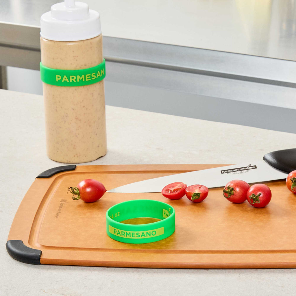 First In First Out Green Silicone Parmesan Label Band - Fits 16, 20 and 24 oz Squeeze Bottles - 1 count box