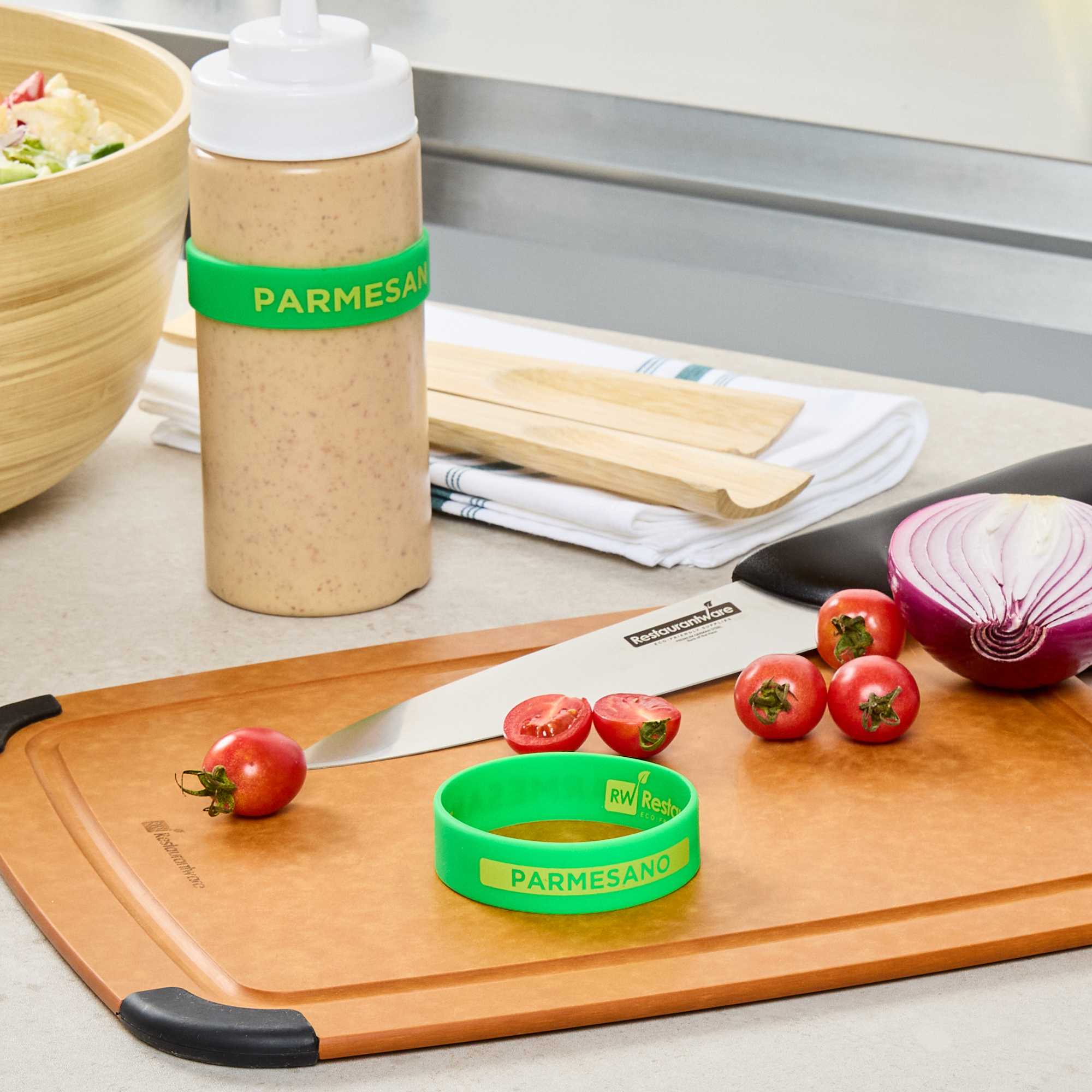 First In First Out Green Silicone Parmesan Label Band - Fits 16, 20 and 24 oz Squeeze Bottles - 1 count box