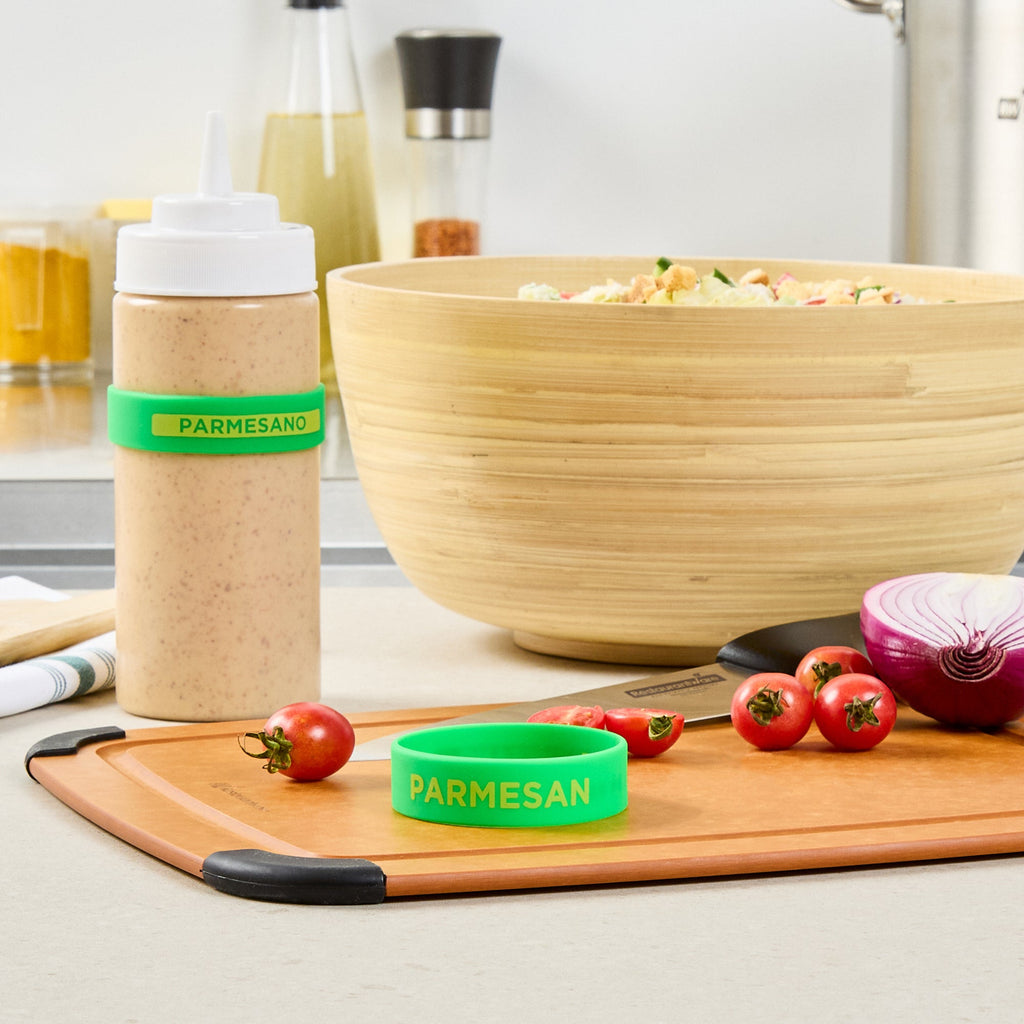 First In First Out Green Silicone Parmesan Label Band - Fits 16, 20 and 24 oz Squeeze Bottles - 10 count box