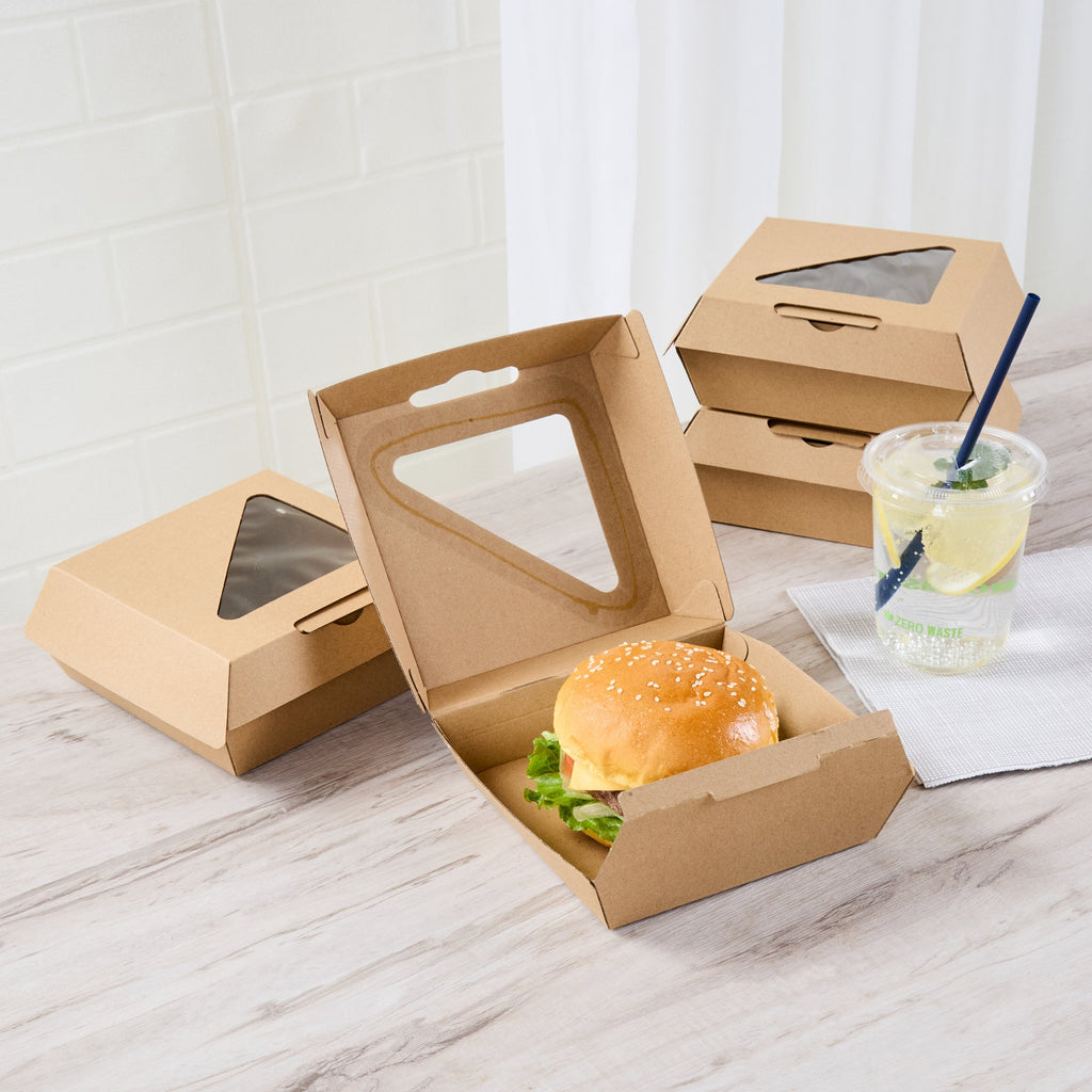 Eco Tek Kraft Paper Corrugated Burger Box - with PLA Window - 5 1/2" x 5 1/2" x 2 3/4" - 100 count box