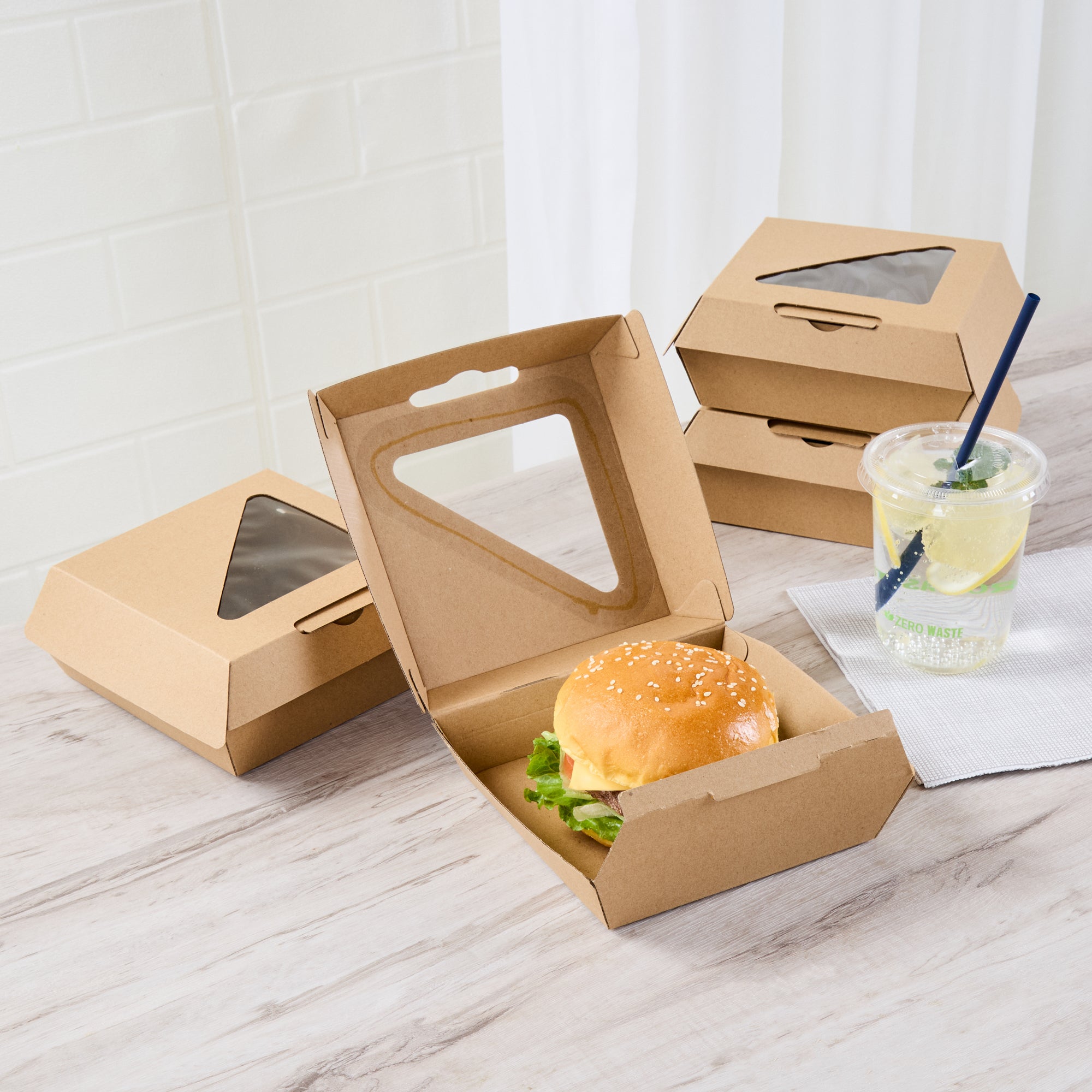 Eco Tek Kraft Paper Corrugated Burger Box - with PLA Window - 5 1/2" x 5 1/2" x 2 3/4" - 100 count box