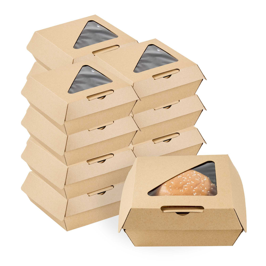 Eco Tek Kraft Paper Corrugated Burger Box - with PLA Window - 5 1/2" x 5 1/2" x 2 3/4" - 50 count box