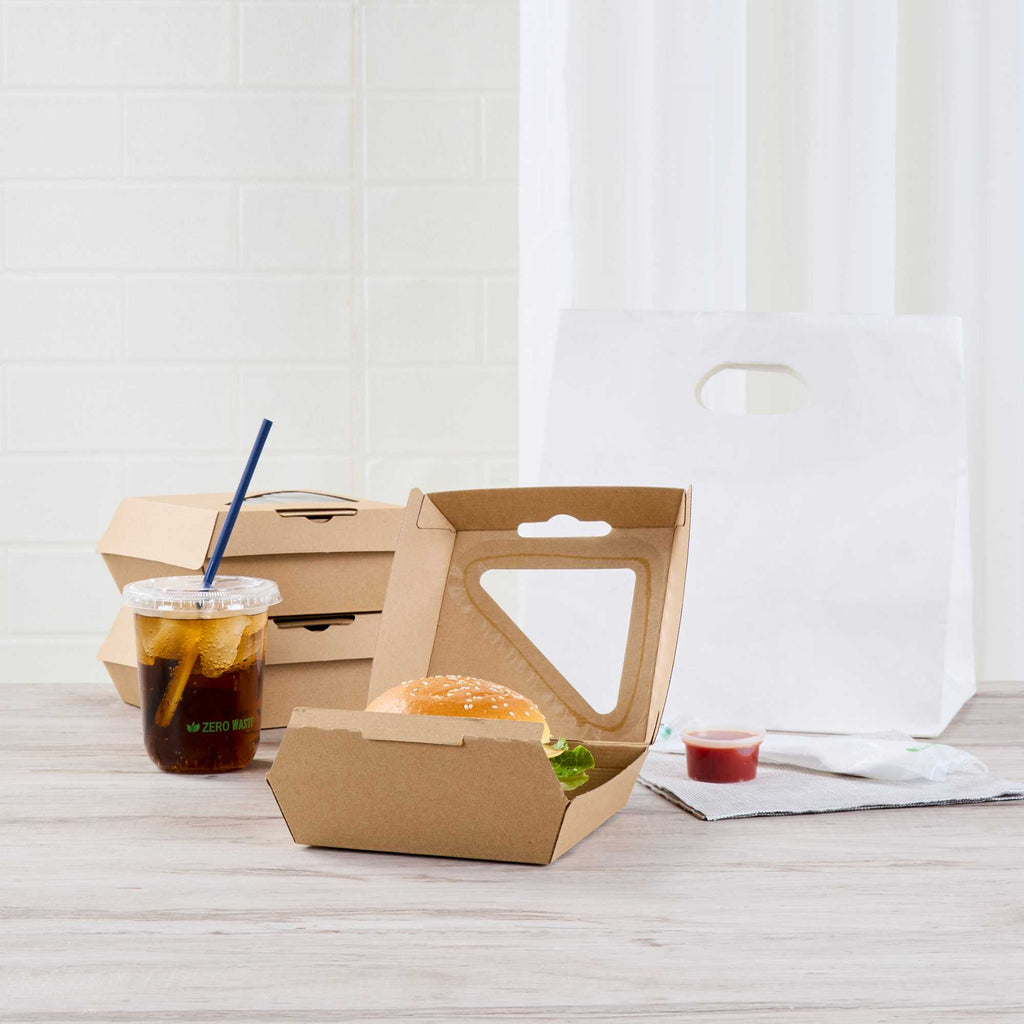 Eco Tek Kraft Paper Corrugated Burger Box - with PLA Window - 5 1/2" x 5 1/2" x 2 3/4" - 50 count box