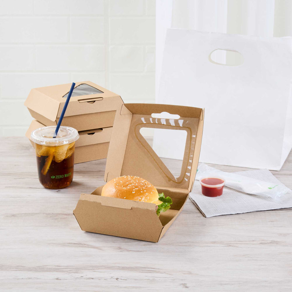 Eco Tek Kraft Paper Corrugated Burger Box - with PLA Window - 5 1/2" x 5 1/2" x 2 3/4" - 50 count box