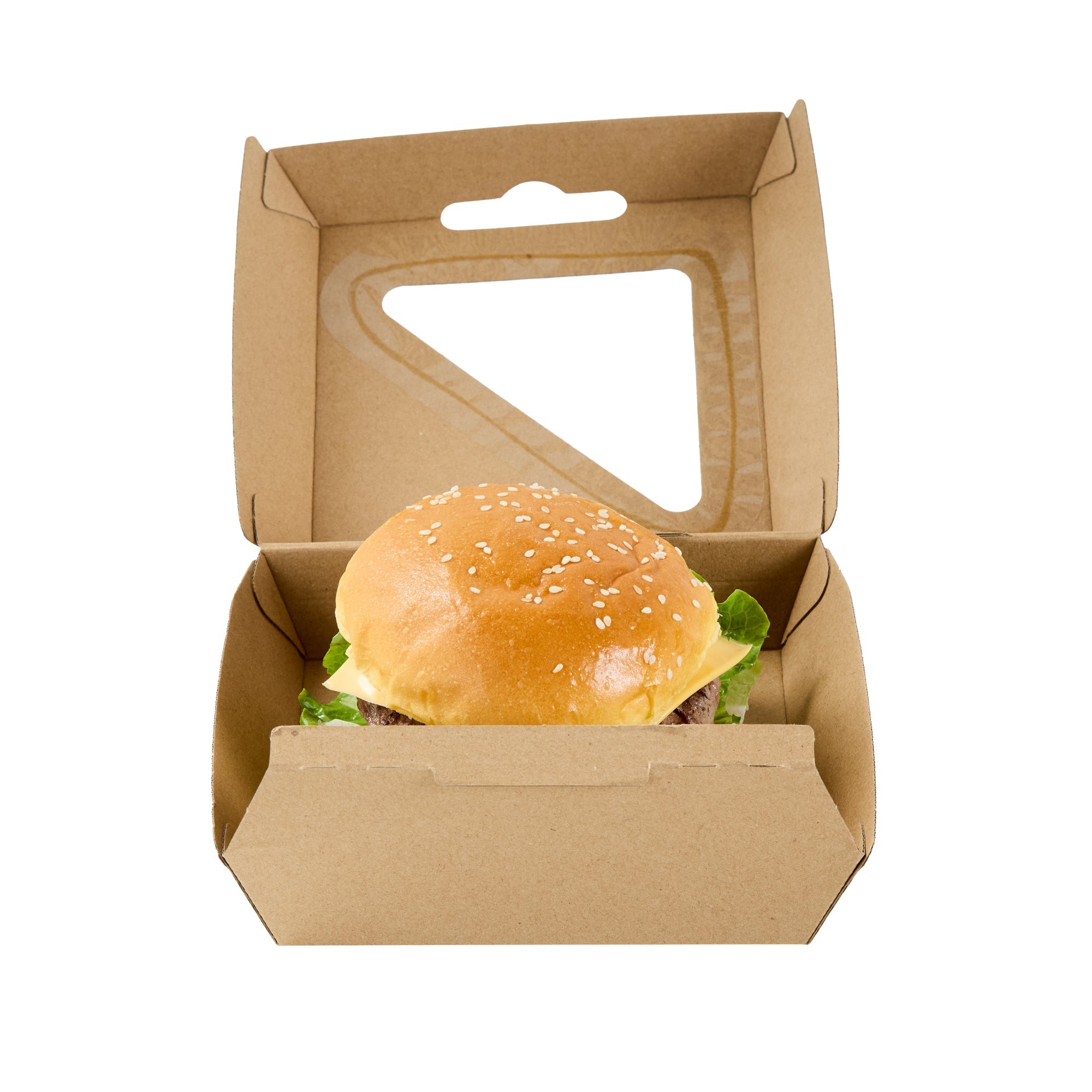 Eco Tek Kraft Paper Corrugated Burger Box - with PLA Window - 5 1/2" x 5 1/2" x 2 3/4" - 100 count box