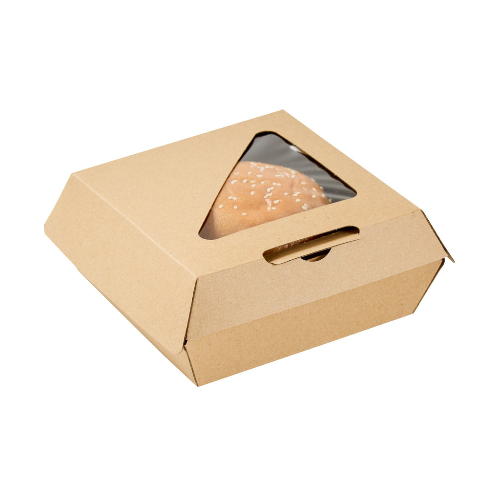 Eco Tek Kraft Paper Corrugated Burger Box - with PLA Window - 5 1/2" x 5 1/2" x 2 3/4" - 100 count box