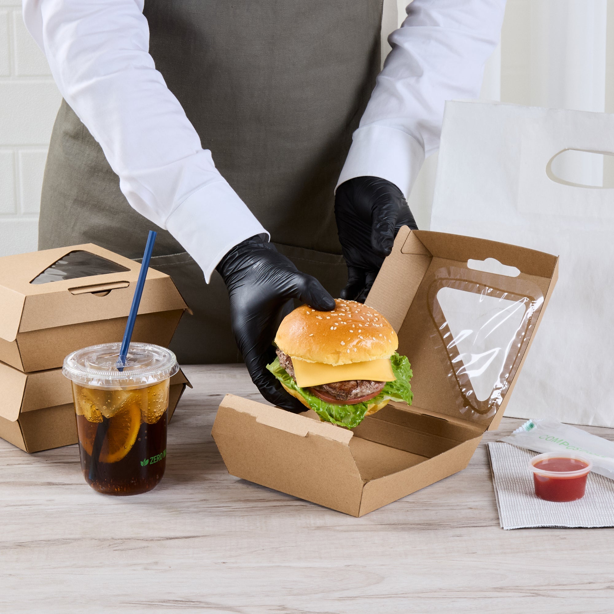 Eco Tek Kraft Paper Corrugated Burger Box - with PLA Window - 5 1/2" x 5 1/2" x 2 3/4" - 100 count box