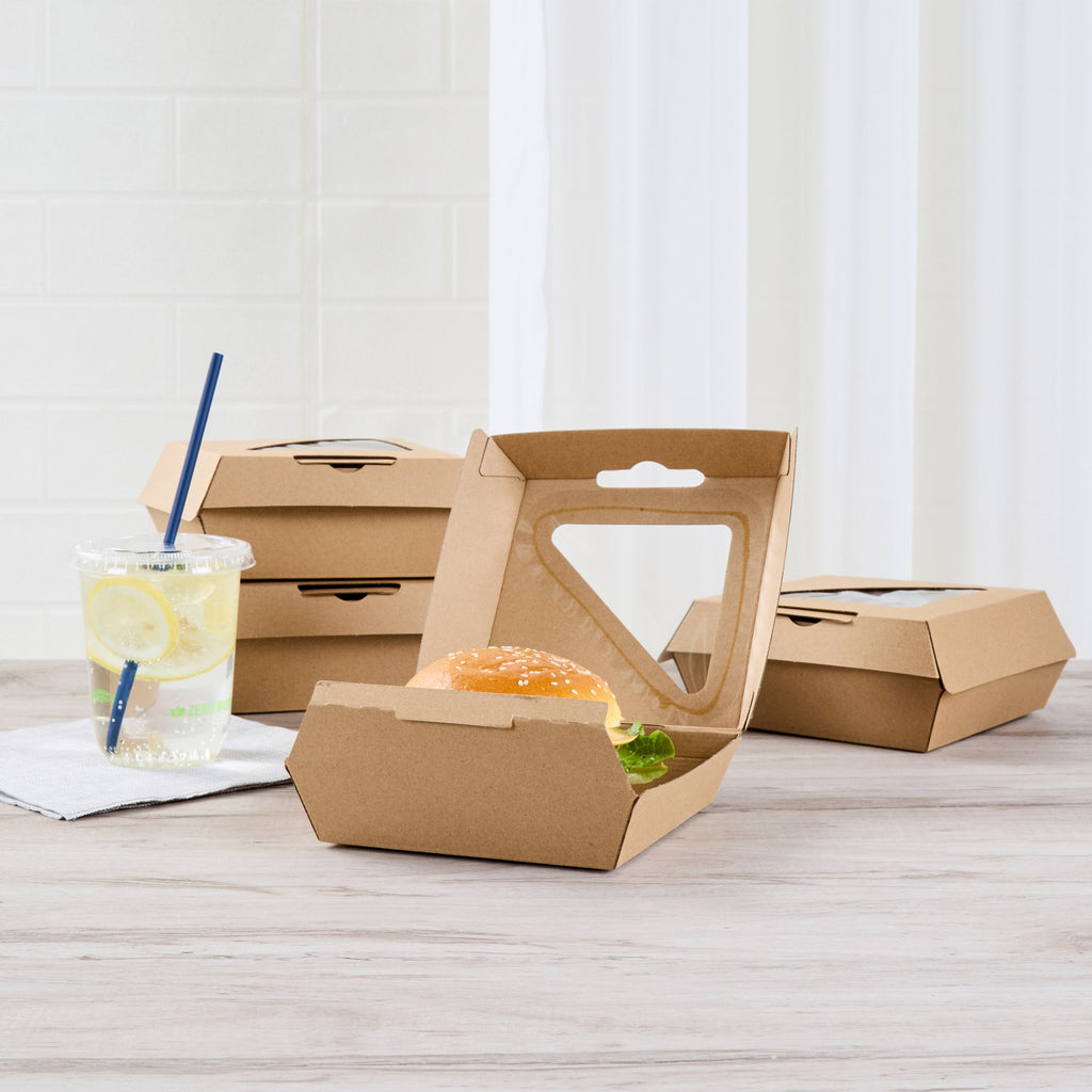 Eco Tek Kraft Paper Corrugated Burger Box - with PLA Window - 5 1/2" x 5 1/2" x 2 3/4" - 100 count box