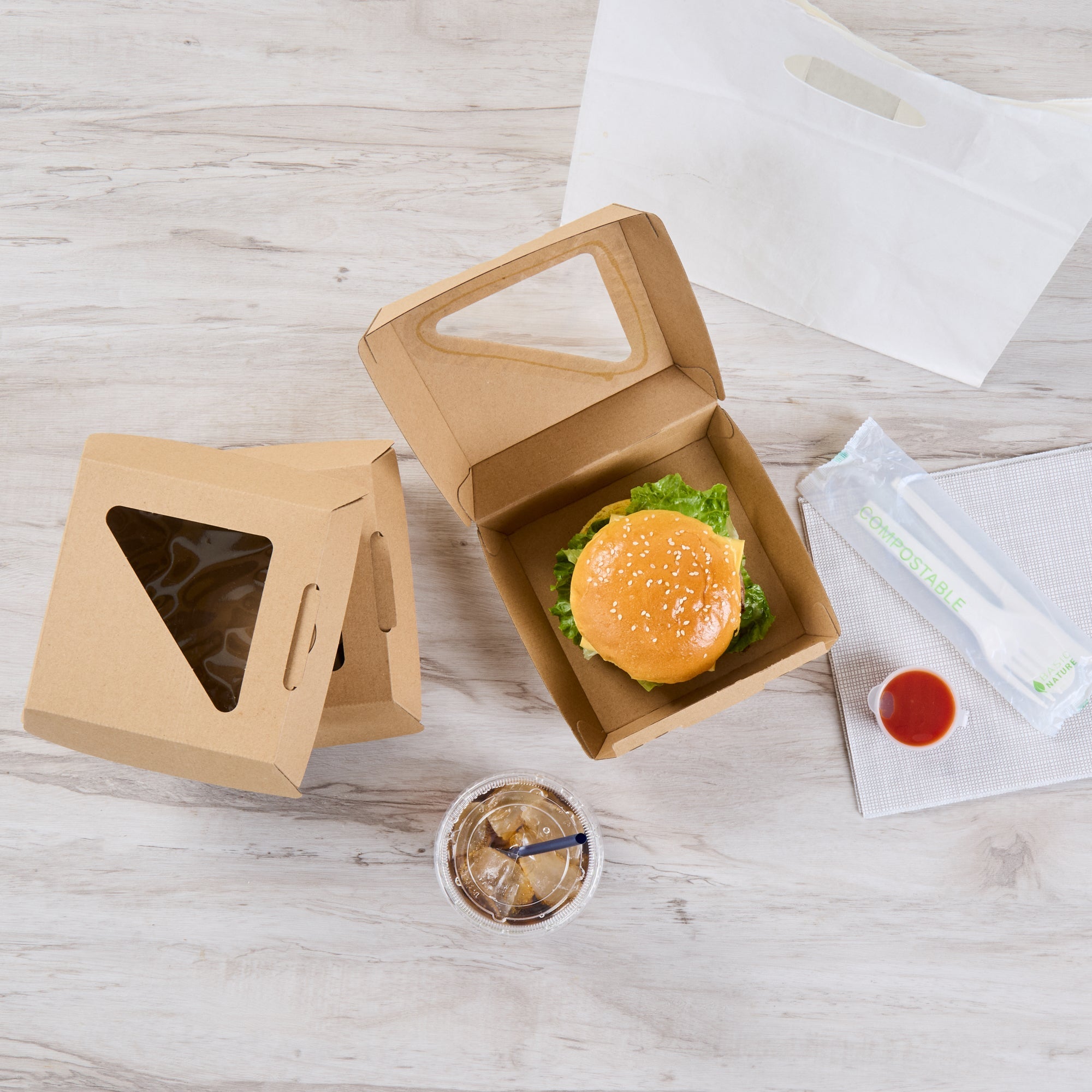 Eco Tek Kraft Paper Corrugated Burger Box - with PLA Window - 5 1/2" x 5 1/2" x 2 3/4" - 100 count box