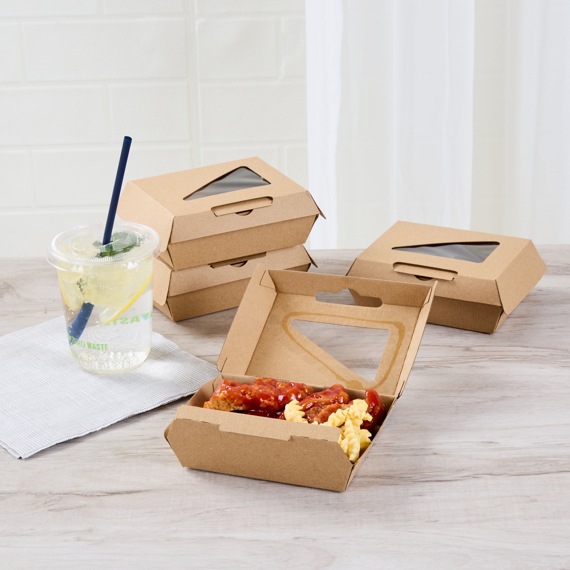 Eco Tek Square Kraft Paper Corrugated Clamshell Container - with PLA Window - 5" x 4" x 2" - 100 count box