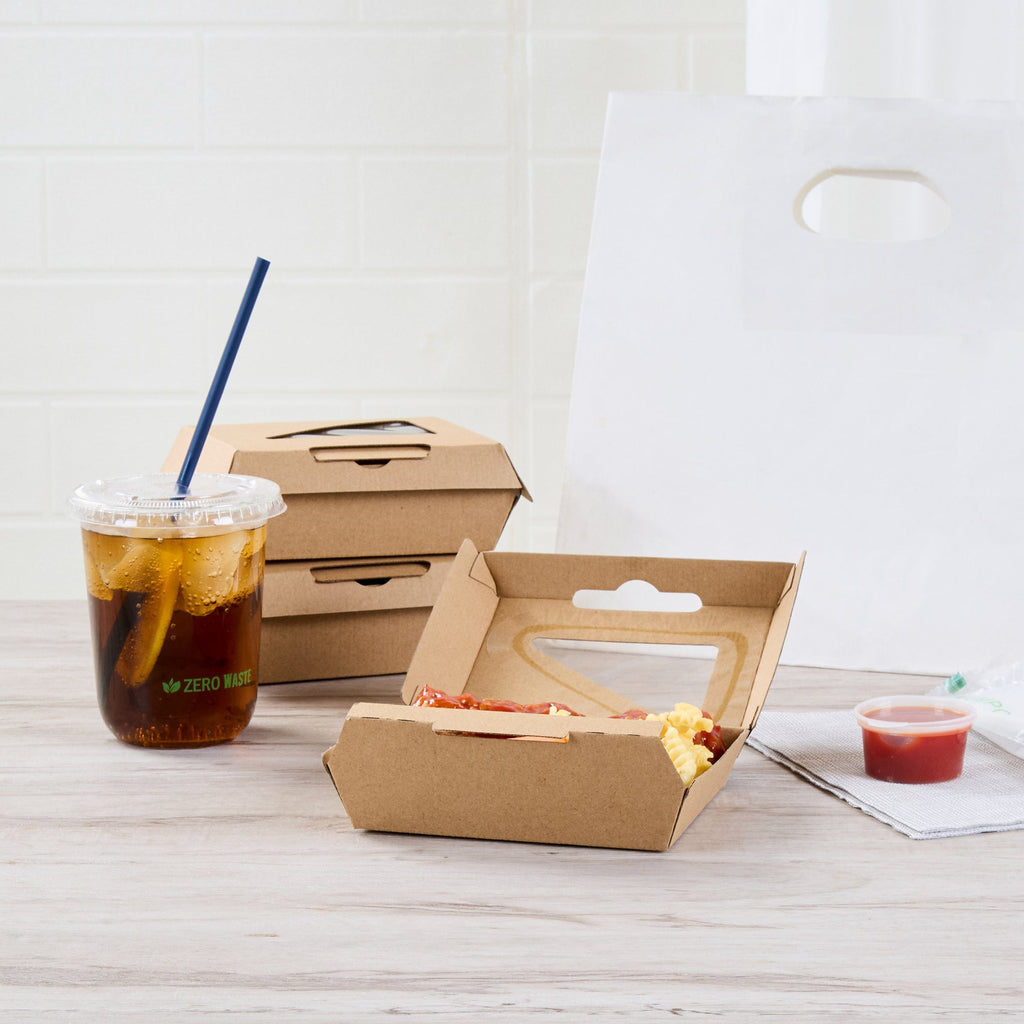 Eco Tek Square Kraft Paper Corrugated Clamshell Container - with PLA Window - 5" x 4" x 2" - 100 count box