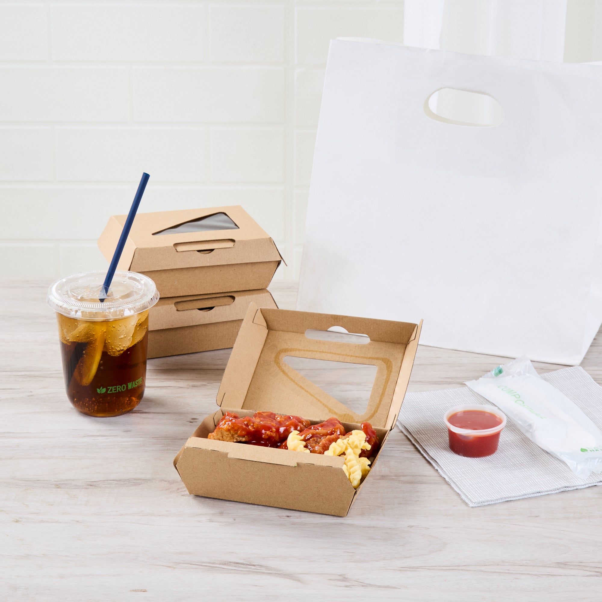 Eco Tek Square Kraft Paper Corrugated Clamshell Container - with PLA Window - 5" x 4" x 2" - 100 count box