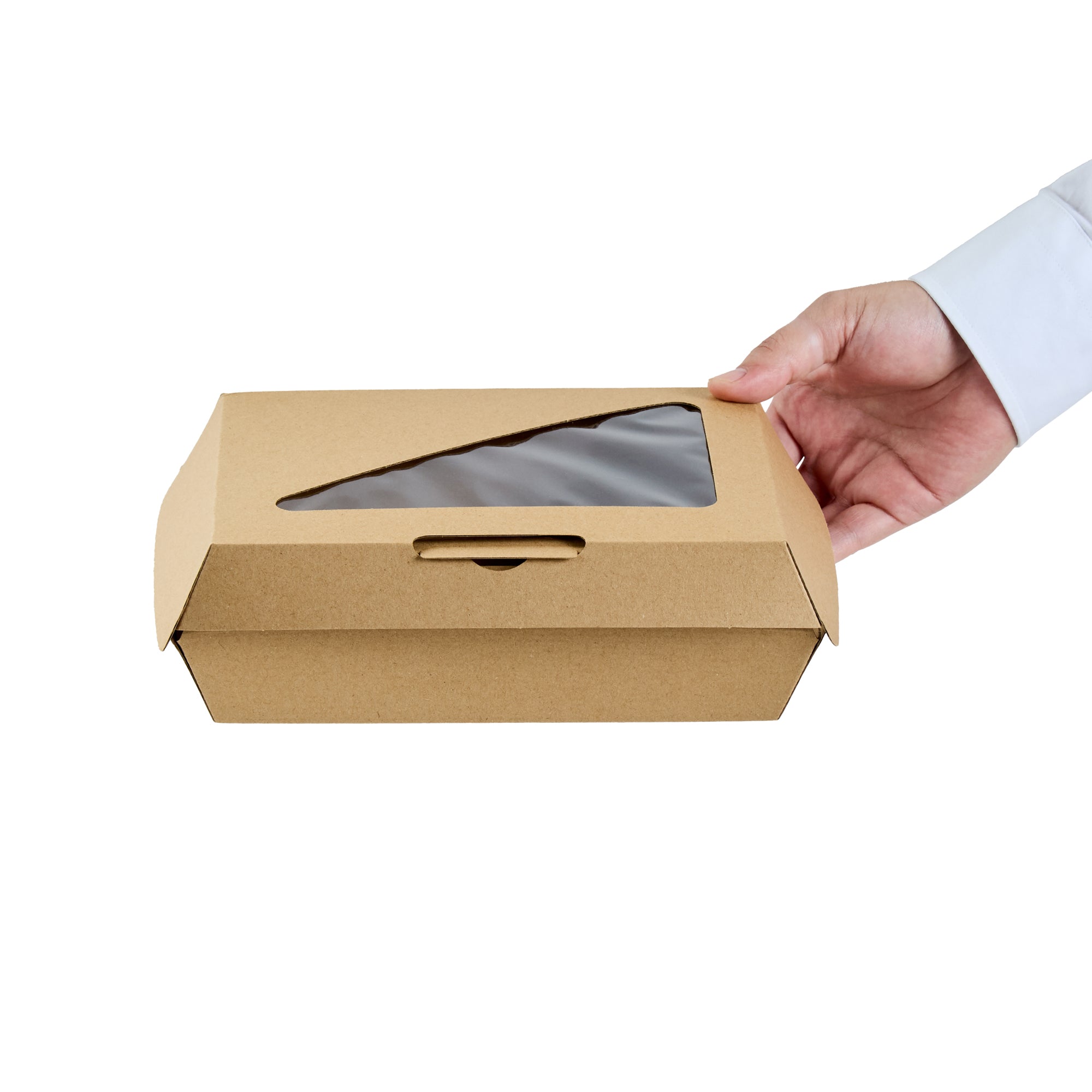 Eco Tek Rectangle Kraft Paper Corrugated Clamshell Container - with PLA Window - 7 3/4" x 6" x 2 3/4" - 100 count box