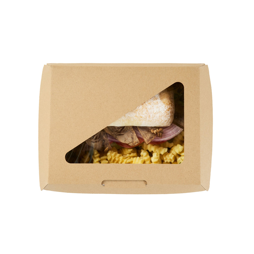 Eco Tek Rectangle Kraft Paper Corrugated Clamshell Container - with PLA Window - 7 3/4" x 6" x 2 3/4" - 100 count box