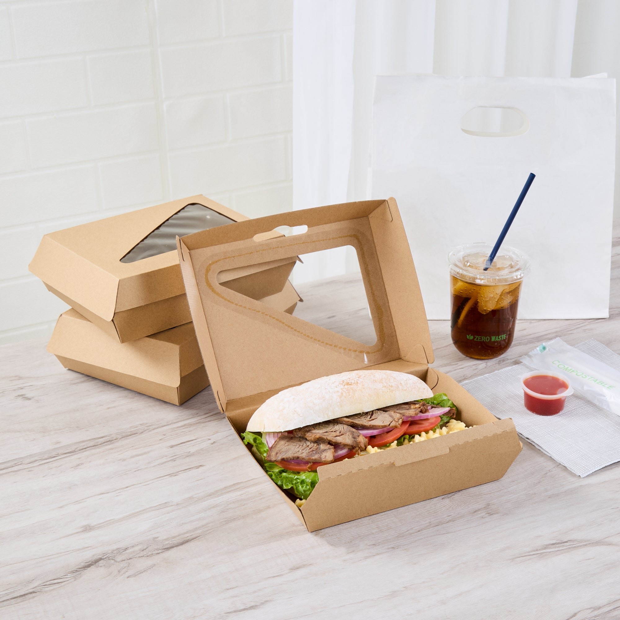 Eco Tek Rectangle Kraft Paper Corrugated Clamshell Container - with PLA Window - 7 3/4" x 6" x 2 3/4" - 100 count box