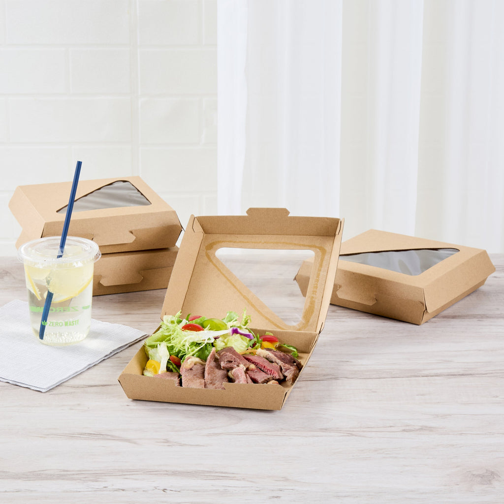 Eco Tek Square Kraft Paper Corrugated Clamshell Container - with PLA Window - 6 1/2" x 6 1/2" x 2" - 100 count box