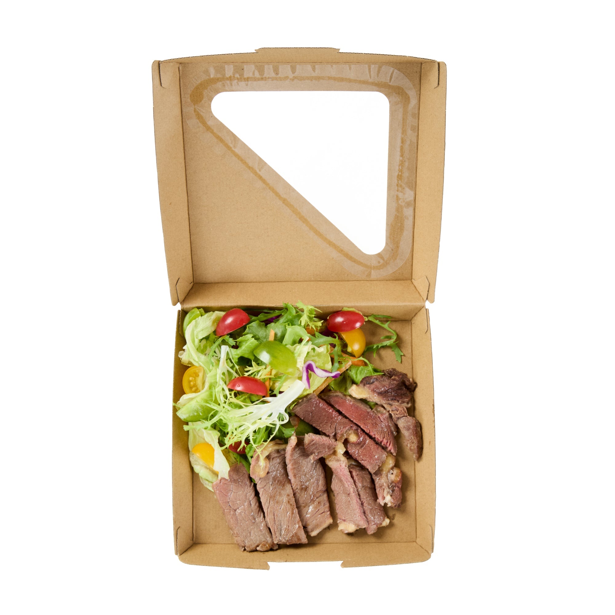 Eco Tek Square Kraft Paper Corrugated Clamshell Container - with PLA Window - 6 1/2" x 6 1/2" x 2" - 100 count box