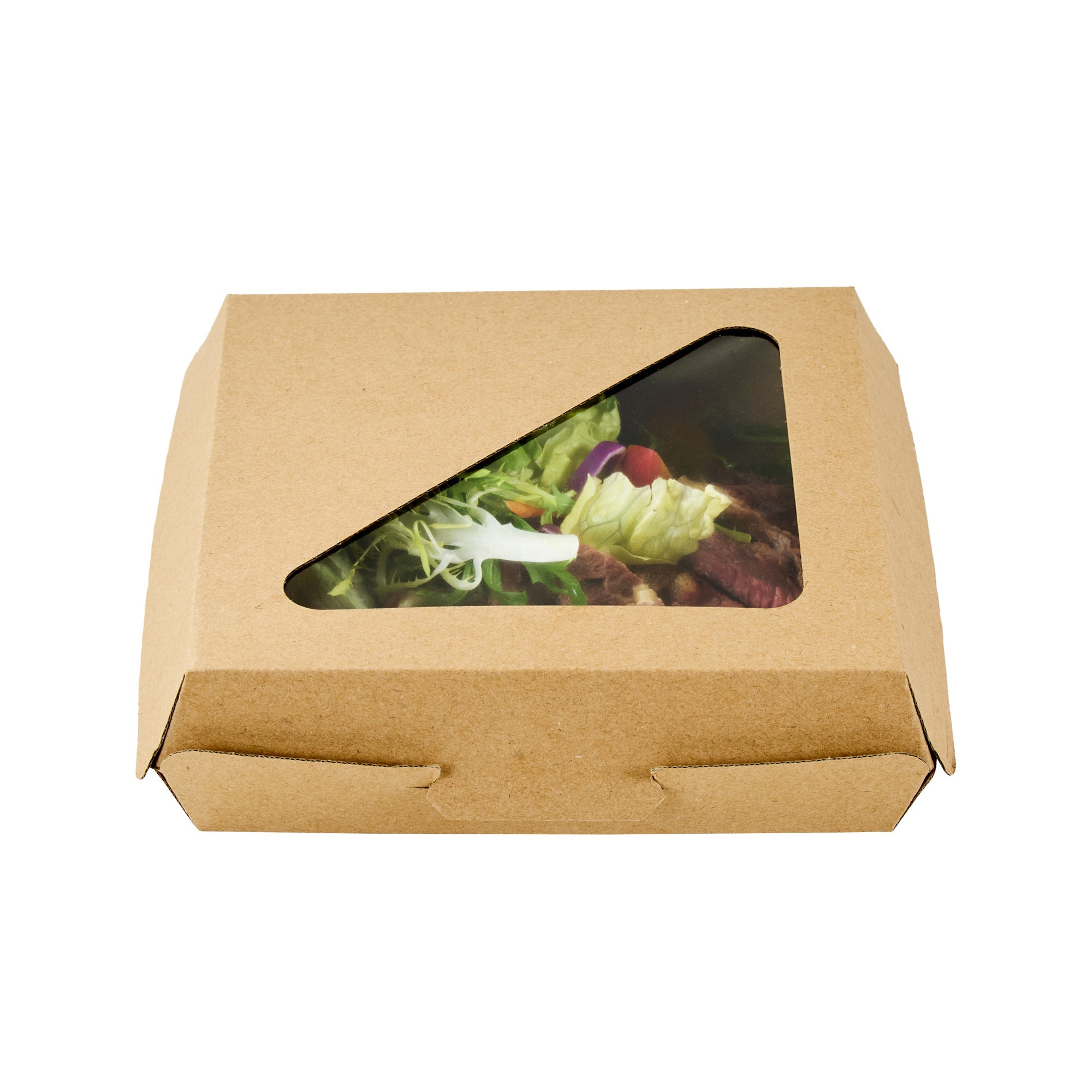 Eco Tek Square Kraft Paper Corrugated Clamshell Container - with PLA Window - 6 1/2" x 6 1/2" x 2" - 100 count box