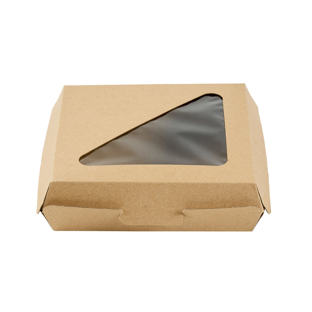 Eco Tek Square Kraft Paper Corrugated Clamshell Container - with PLA Window - 6 1/2" x 6 1/2" x 2" - 100 count box