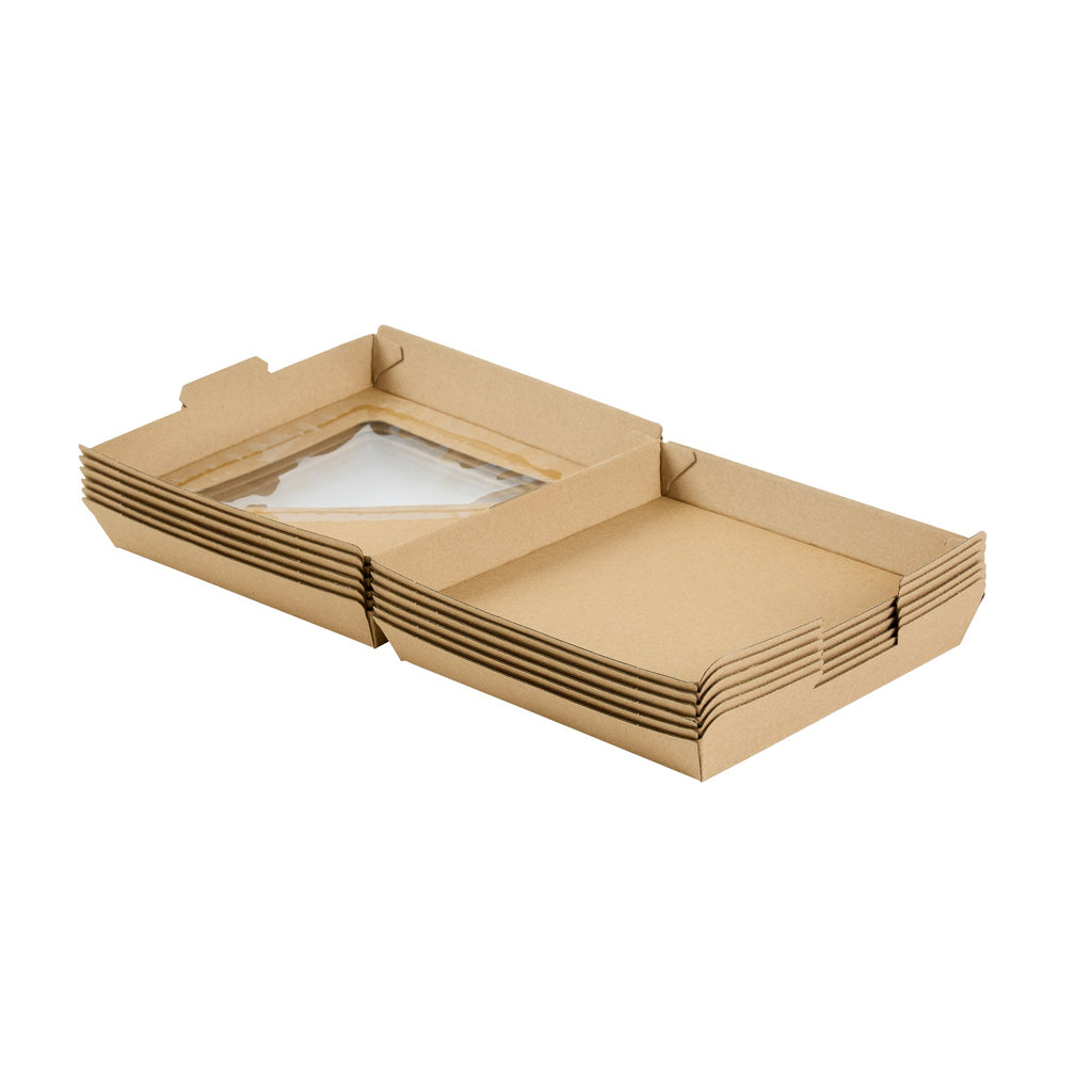 Eco Tek Square Kraft Paper Corrugated Clamshell Container - with PLA Window - 6 1/2" x 6 1/2" x 2" - 100 count box