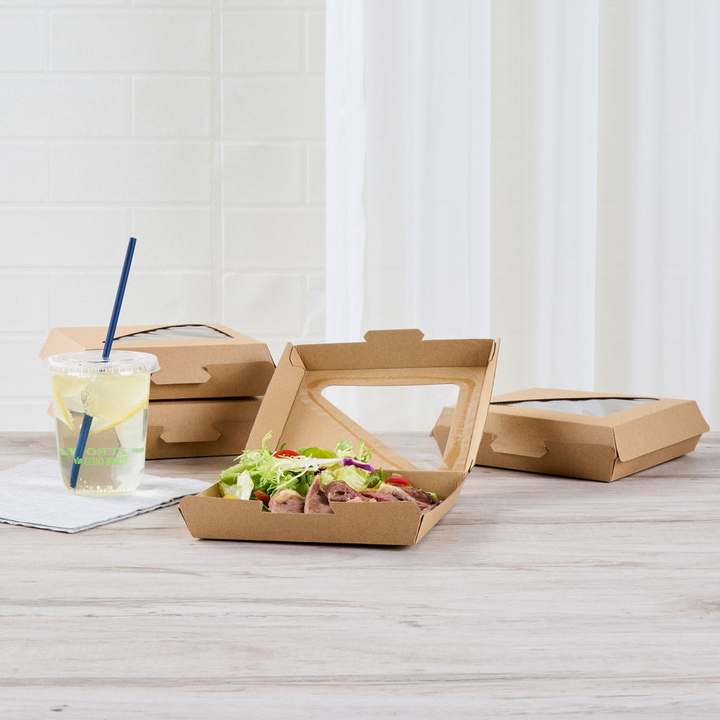 Eco Tek Square Kraft Paper Corrugated Clamshell Container - with PLA Window - 6 1/2" x 6 1/2" x 2" - 100 count box