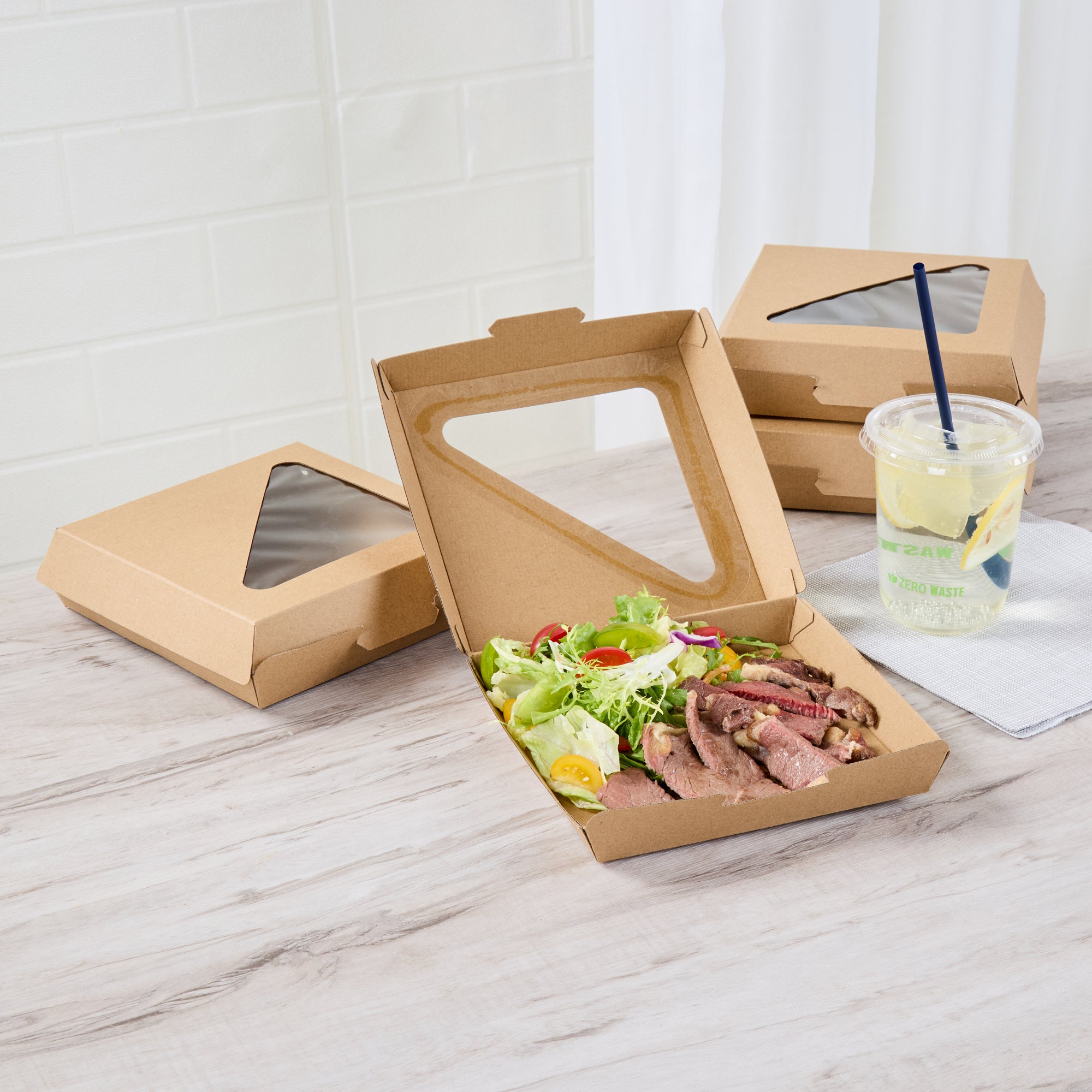 Eco Tek Square Kraft Paper Corrugated Clamshell Container - with PLA Window - 6 1/2" x 6 1/2" x 2" - 100 count box