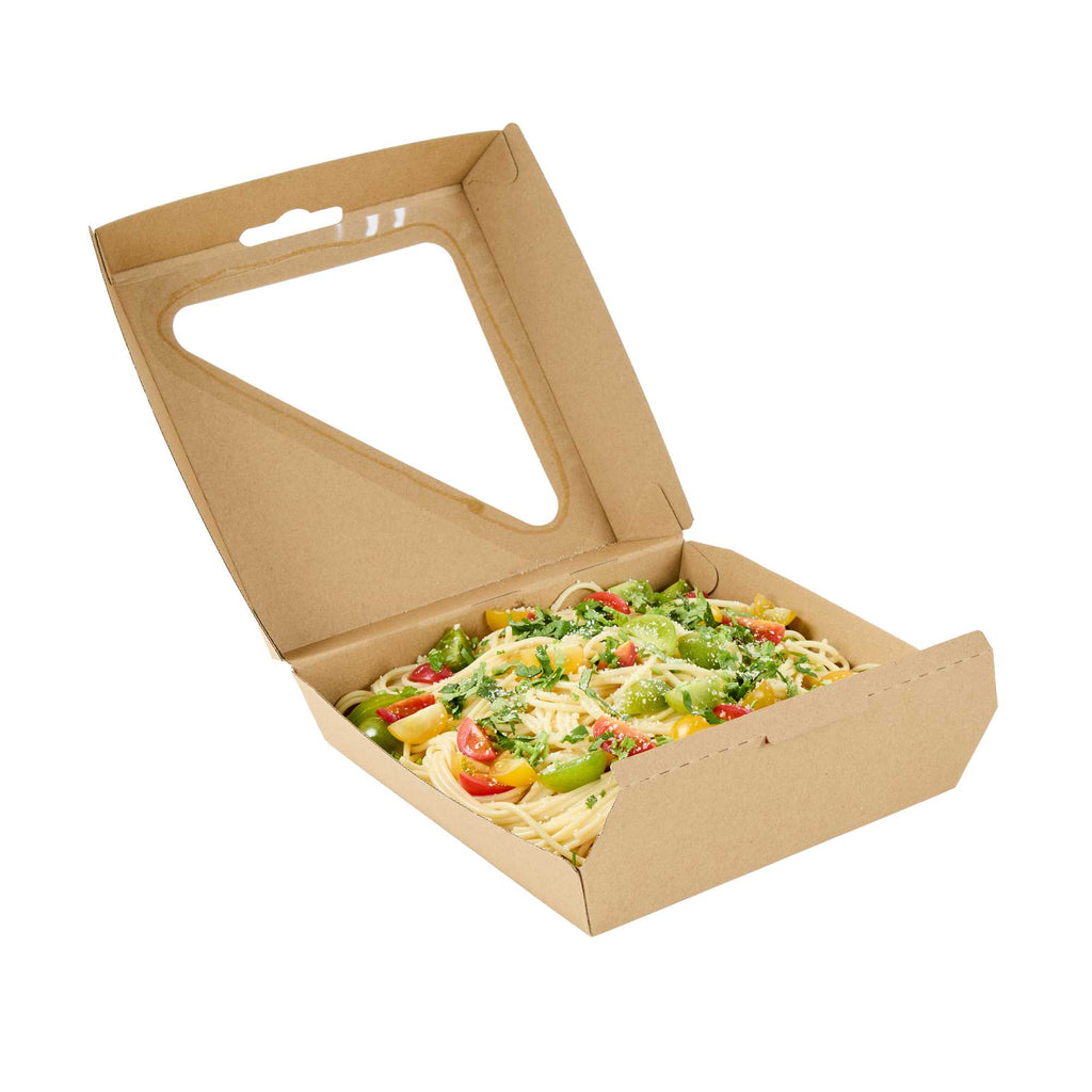 Eco Tek Rectangle Kraft Paper Corrugated Clamshell Container - with PLA Window - 8" x 8" x 3 1/4" - 50 count box