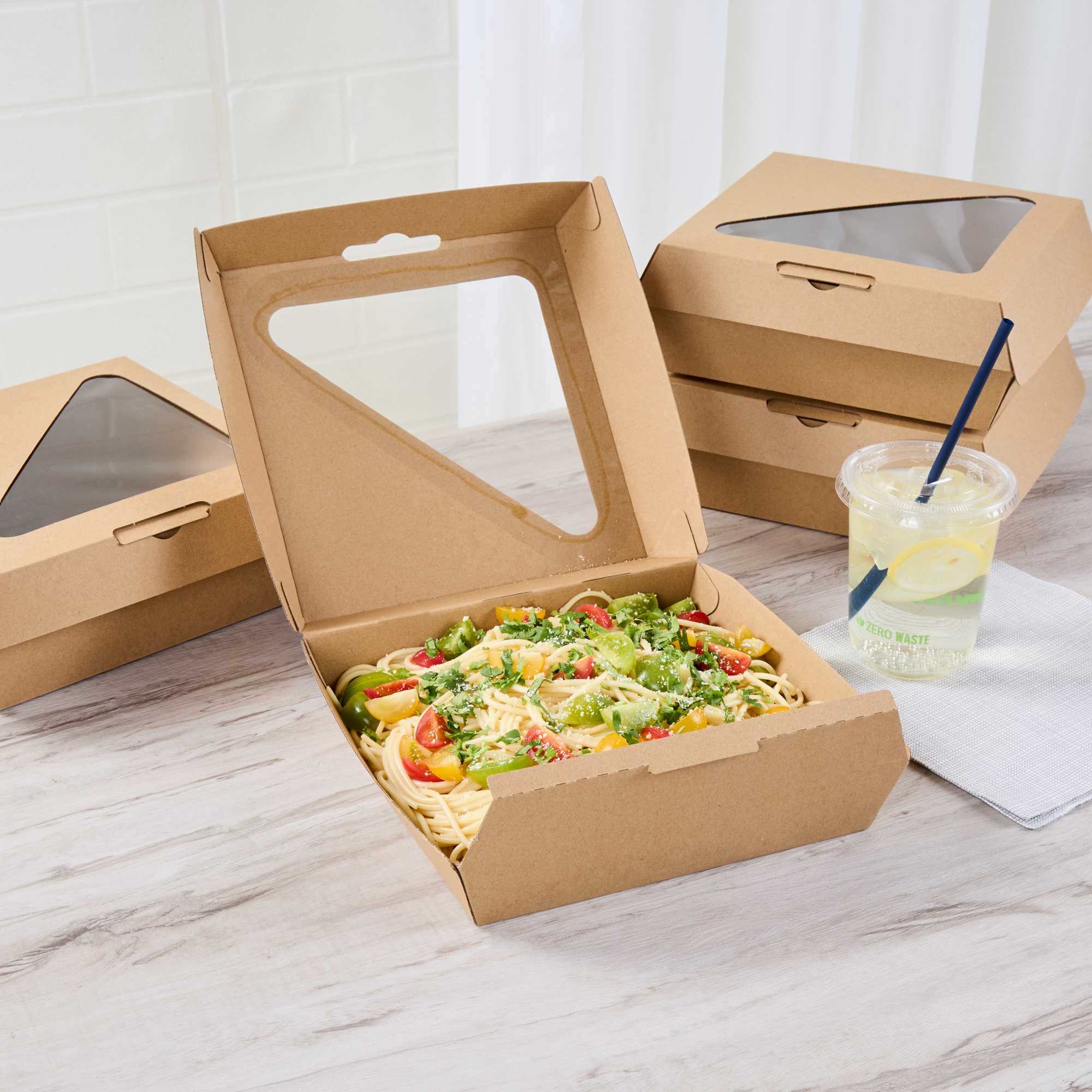 Eco Tek Rectangle Kraft Paper Corrugated Clamshell Container - with PLA Window - 8" x 8" x 3 1/4" - 50 count box