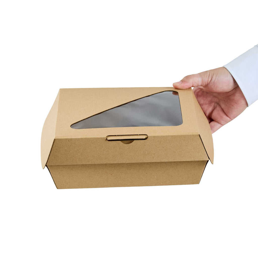 Eco Tek Rectangle Kraft Paper Corrugated Clamshell Container - with PLA Window - 8" x 8" x 3 1/4" - 50 count box
