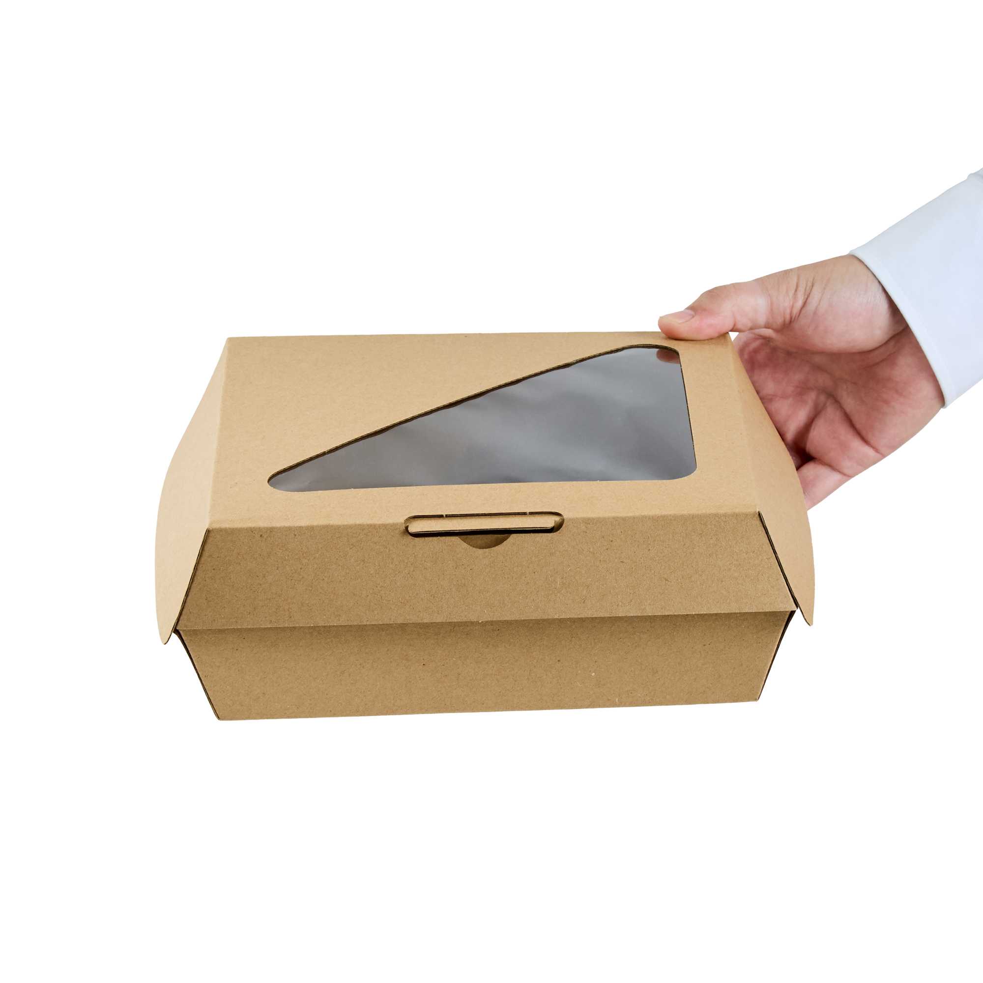 Eco Tek Rectangle Kraft Paper Corrugated Clamshell Container - with PLA Window - 8" x 8" x 3 1/4" - 50 count box