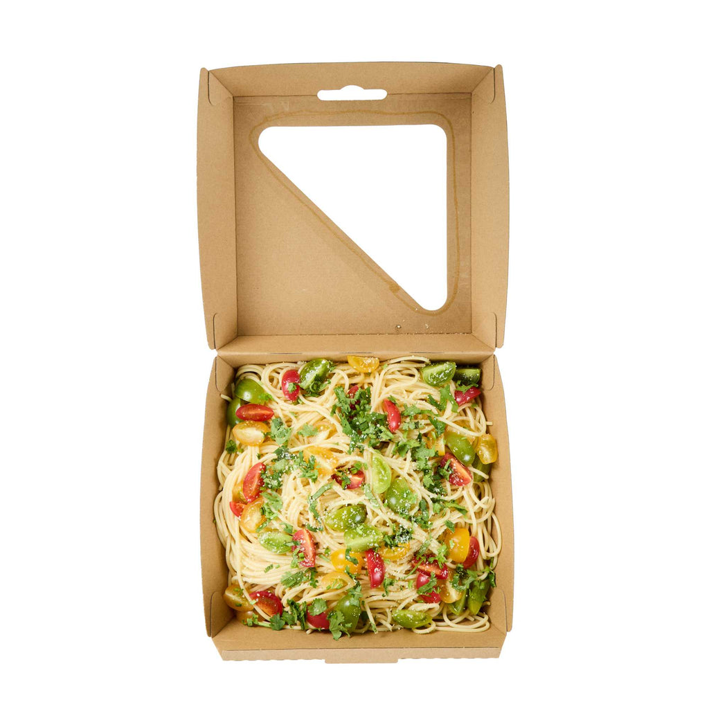 Eco Tek Rectangle Kraft Paper Corrugated Clamshell Container - with PLA Window - 8" x 8" x 3 1/4" - 50 count box