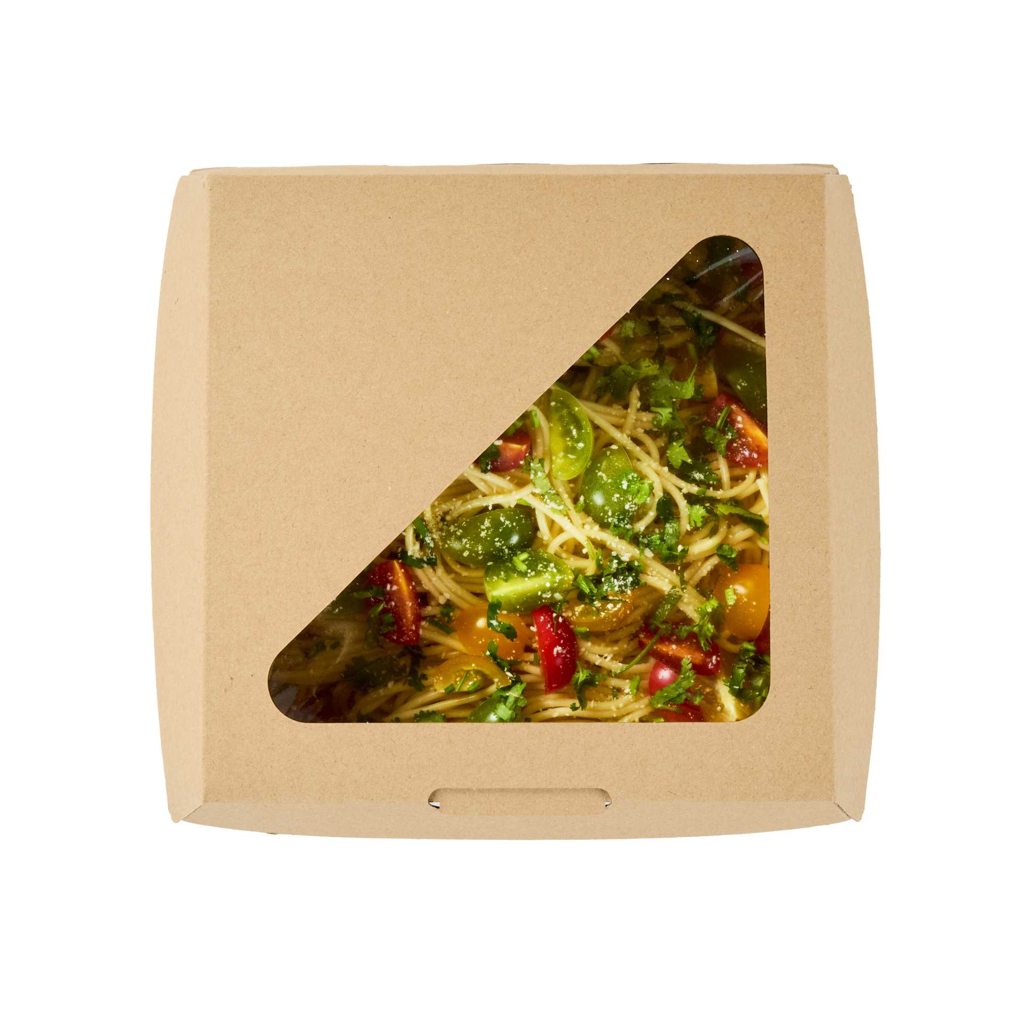 Eco Tek Rectangle Kraft Paper Corrugated Clamshell Container - with PLA Window - 8" x 8" x 3 1/4" - 50 count box