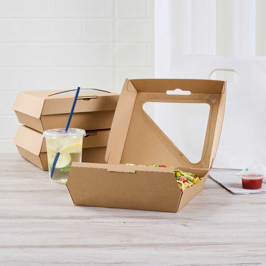 Eco Tek Rectangle Kraft Paper Corrugated Clamshell Container - with PLA Window - 8" x 8" x 3 1/4" - 50 count box