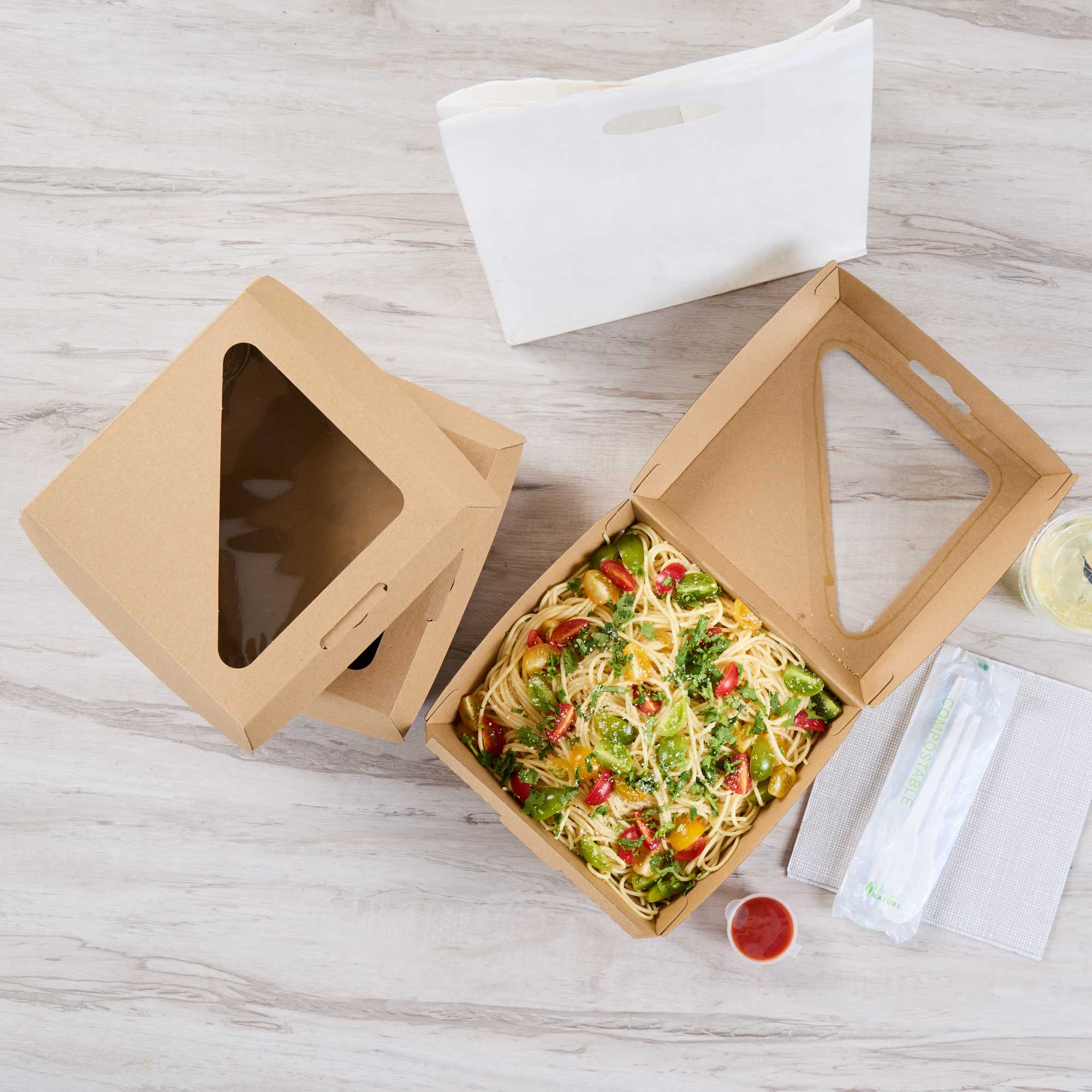 Eco Tek Rectangle Kraft Paper Corrugated Clamshell Container - with PLA Window - 8" x 8" x 3 1/4" - 50 count box