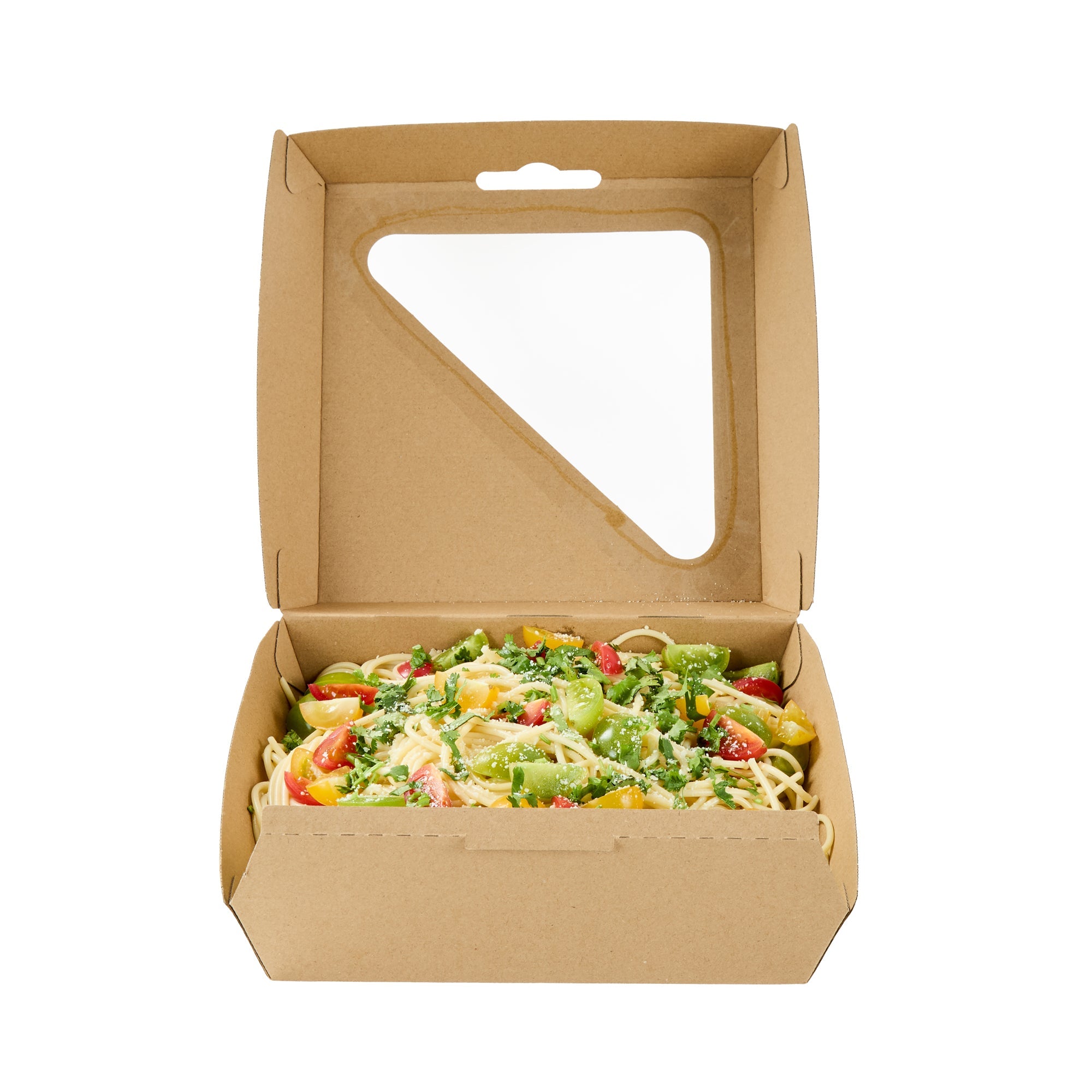 Eco Tek Rectangle Kraft Paper Corrugated Clamshell Container - with PLA Window - 8" x 8" x 3 1/4" - 100 count box