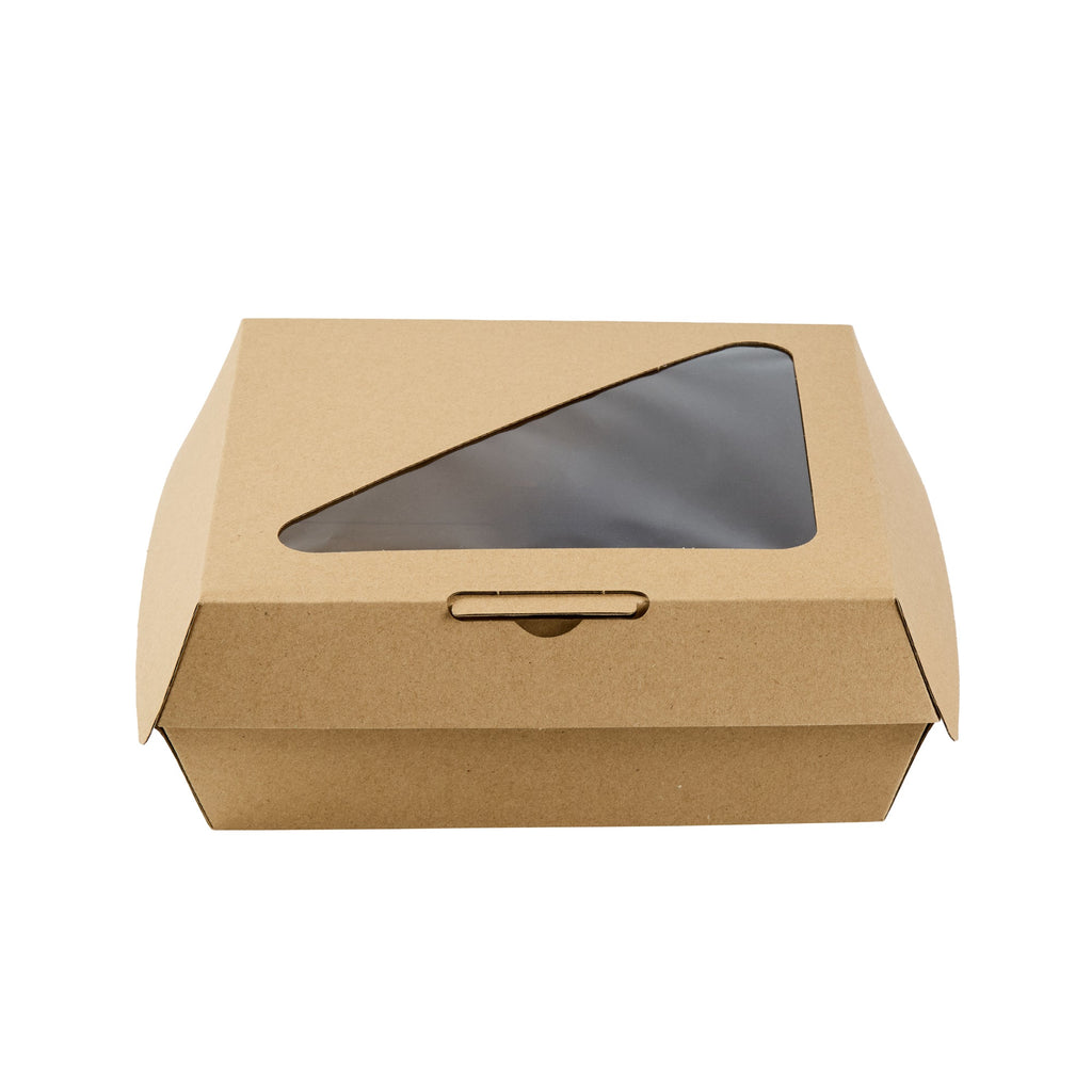 Eco Tek Rectangle Kraft Paper Corrugated Clamshell Container - with PLA Window - 8" x 8" x 3 1/4" - 100 count box