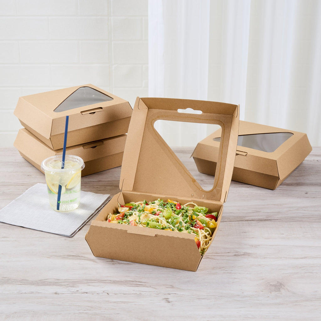 Eco Tek Rectangle Kraft Paper Corrugated Clamshell Container - with PLA Window - 8" x 8" x 3 1/4" - 100 count box