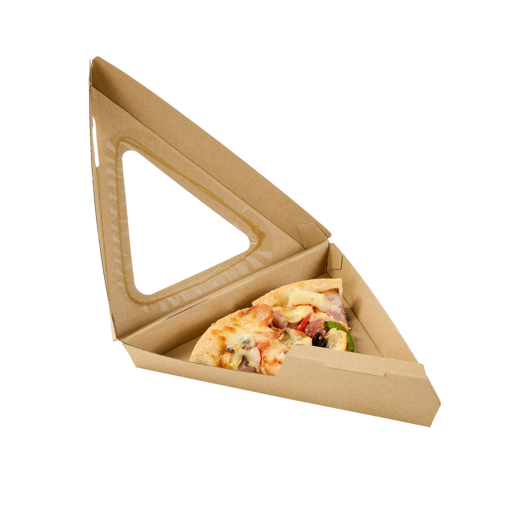 Eco Tek Kraft Paper Corrugated Pizza Slice Box - Clamshell, with PLA Window - 8 1/4" x 9 1/4" x 2" - 100 count box